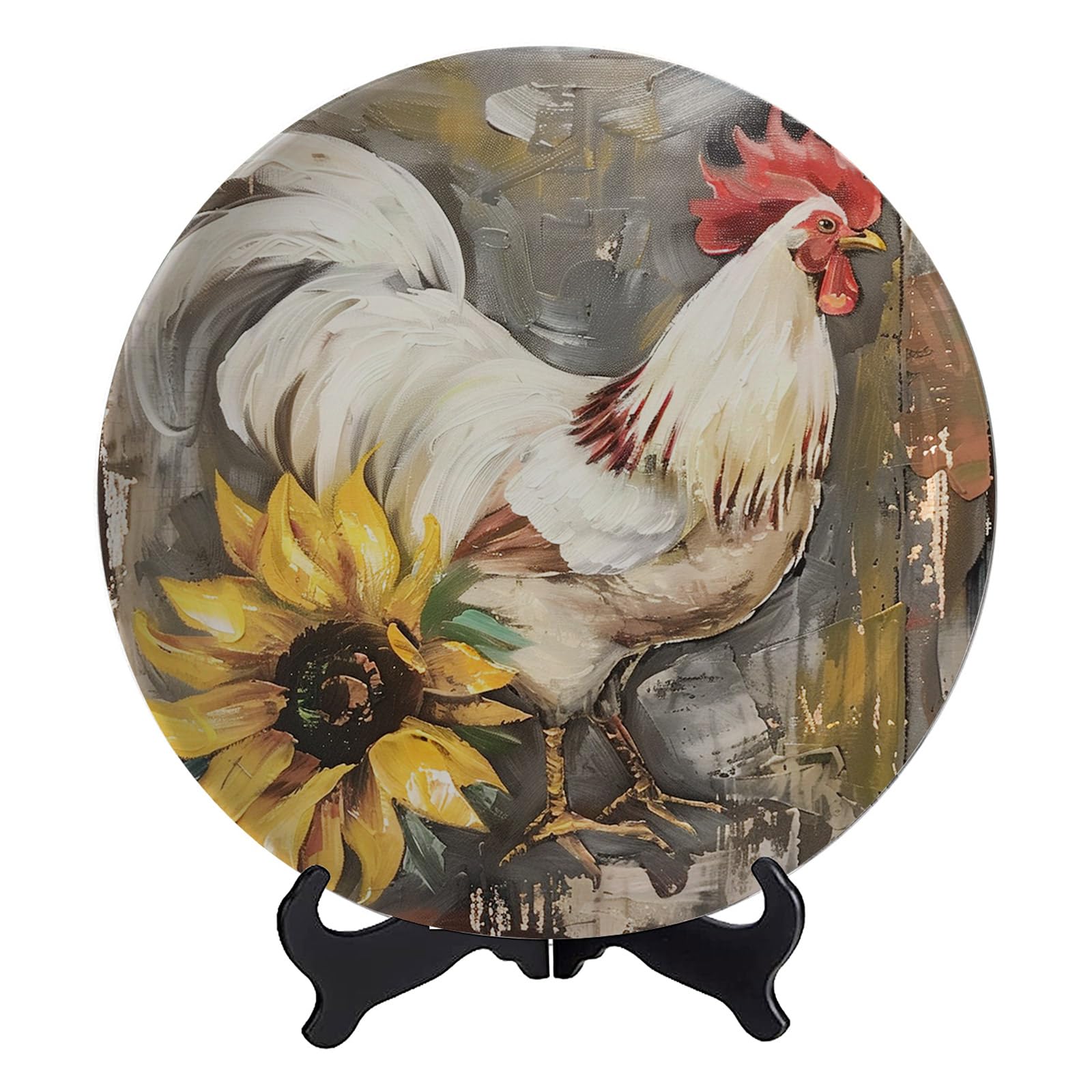 Farmhouse Sunflower Rooster Decorative Wall Plate - 10 Inch Porcelain Hanging Art with Display Stand for Kitchen, Dining Room & Country Home Decor