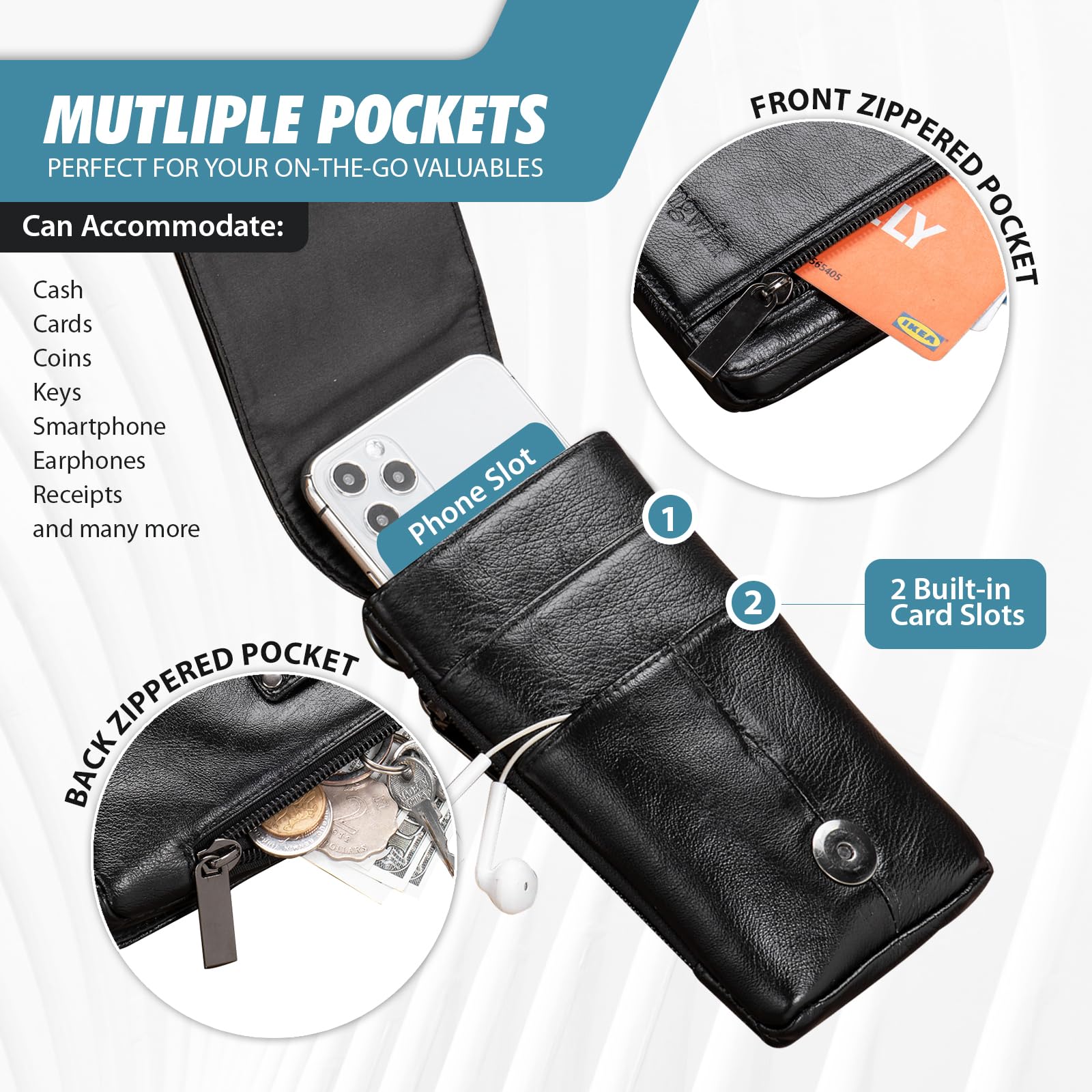 Genuine Leather Phone Holster for iPhone 16/15/14/13/12 Pro Max & Samsung Galaxy S24/S25 Ultra - Belt Clip Pouch Case (Black) | Perfect for Outdoor Activities, Work & Travel