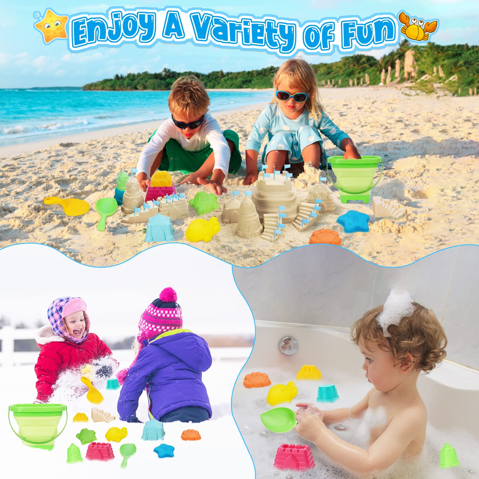 **Best Beach Toys Sand Play Set for Kids - Collapsible Bucket, Shovels, Molds & Mesh Bag - Perfect for Beach, Sandbox & Outdoor Play (Medium Size) - Fun Summer Travel Toys for Toddlers & Children**