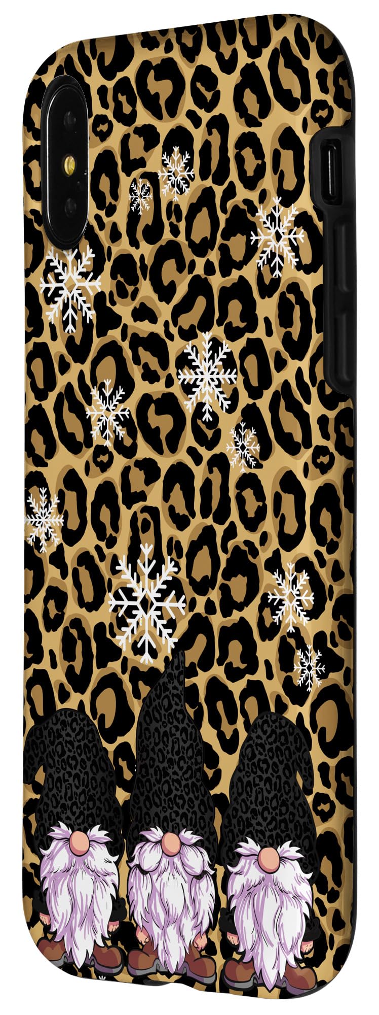 iPhone X/XS Christmas Phone Case - Leopard Skin Print with Three Gnomes Design | Cheetah Pattern Protective Cover for Holiday Gifts & Winter Travel Accessories