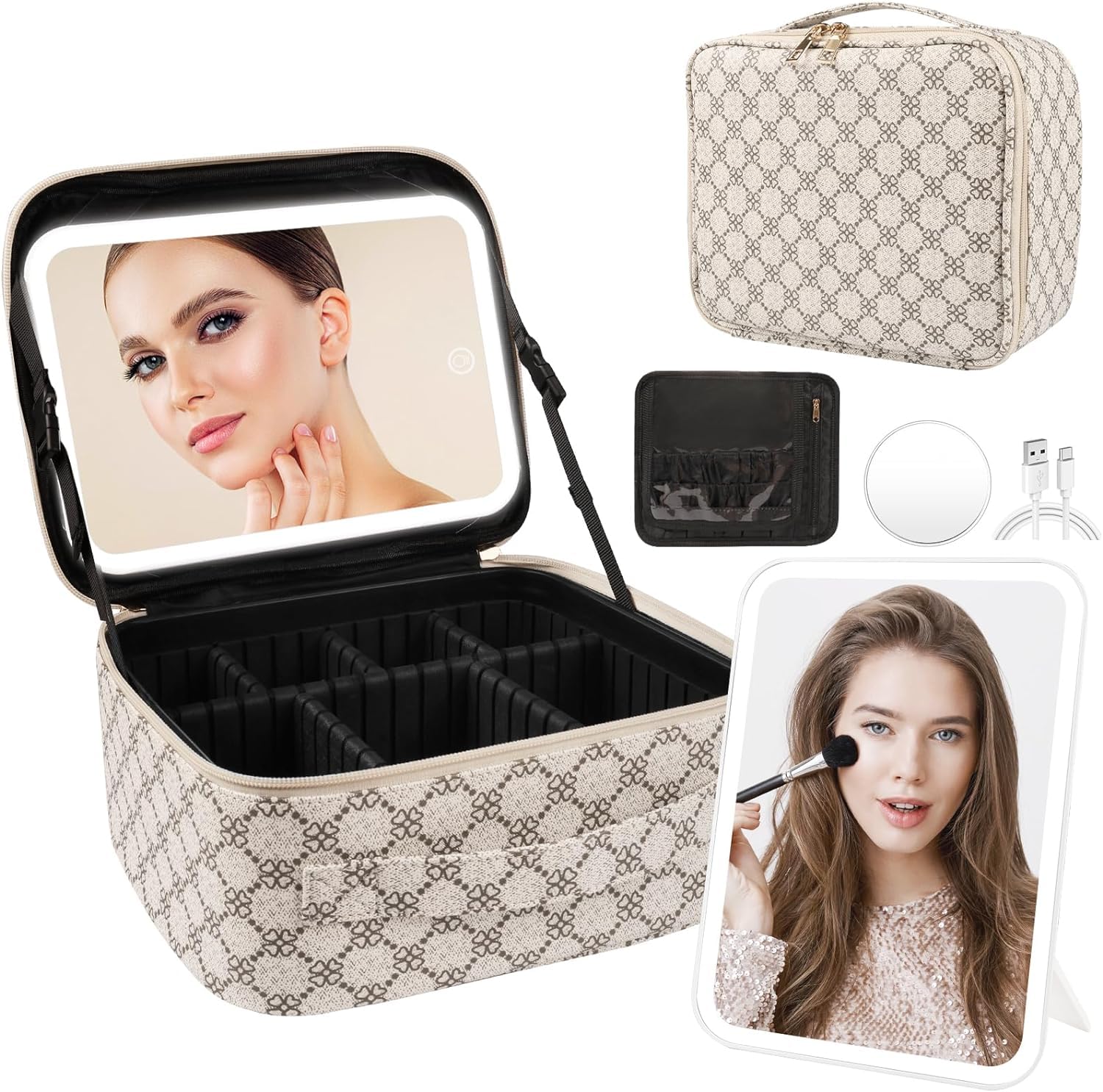 Lighted Makeup Train Case with Adjustable Brightness Mirror & Detachable 10x Magnifier - Portable Vanity Organizer for Travel, Home, and Professional Makeup Artists (Beige Clover)