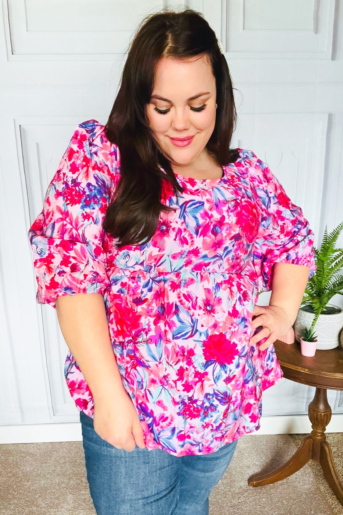 Feeling Femmi Pink & Fuchsia Floral Peplum Woven Top for Women - Elegant Blouse for Spring Summer Outfits, Date Night & Office Wear