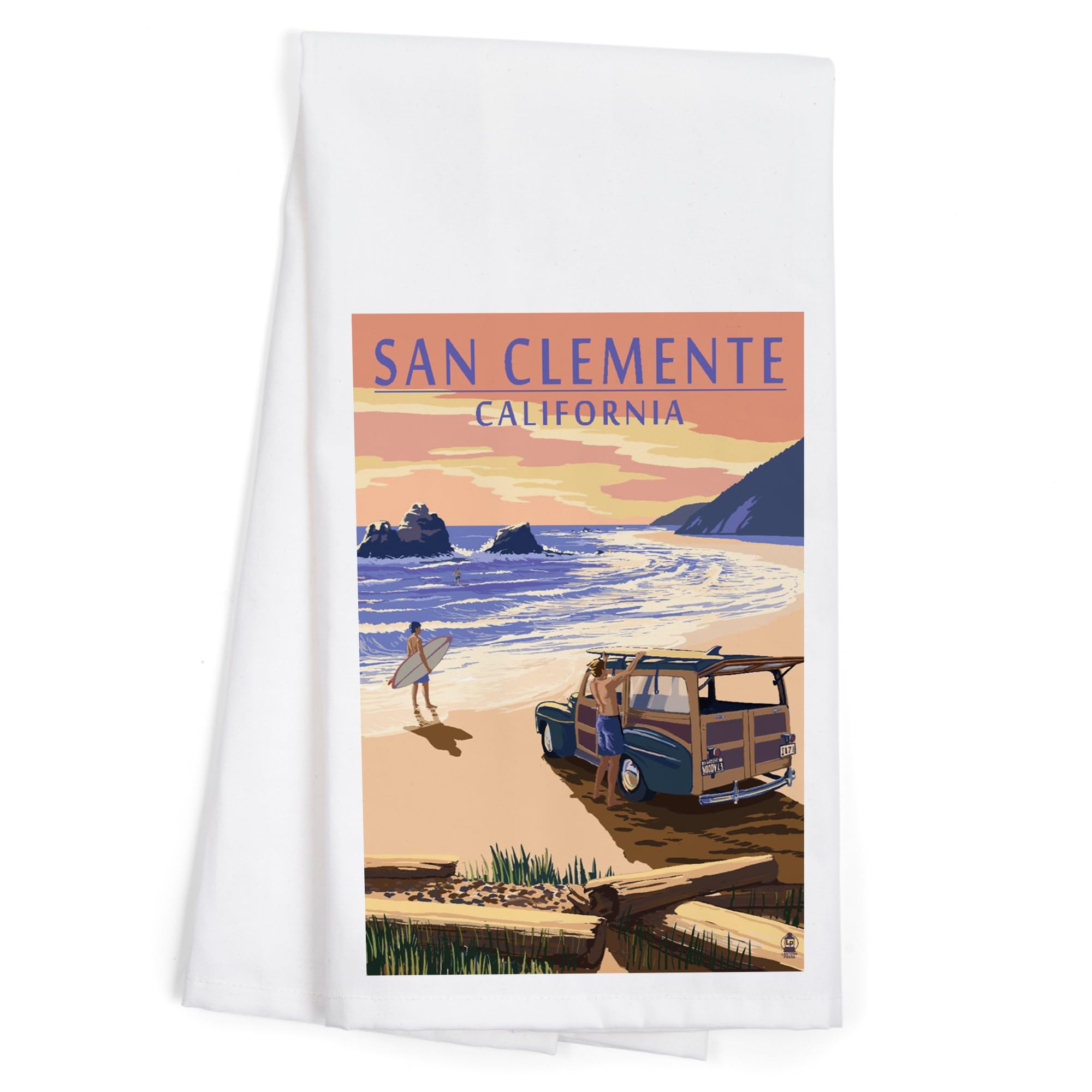 Lantern Press San Clemente California Woody on Beach 100% Cotton Tea Towel - Decorative Hand Towel for Kitchen, Home Decor & Beach House Gifts