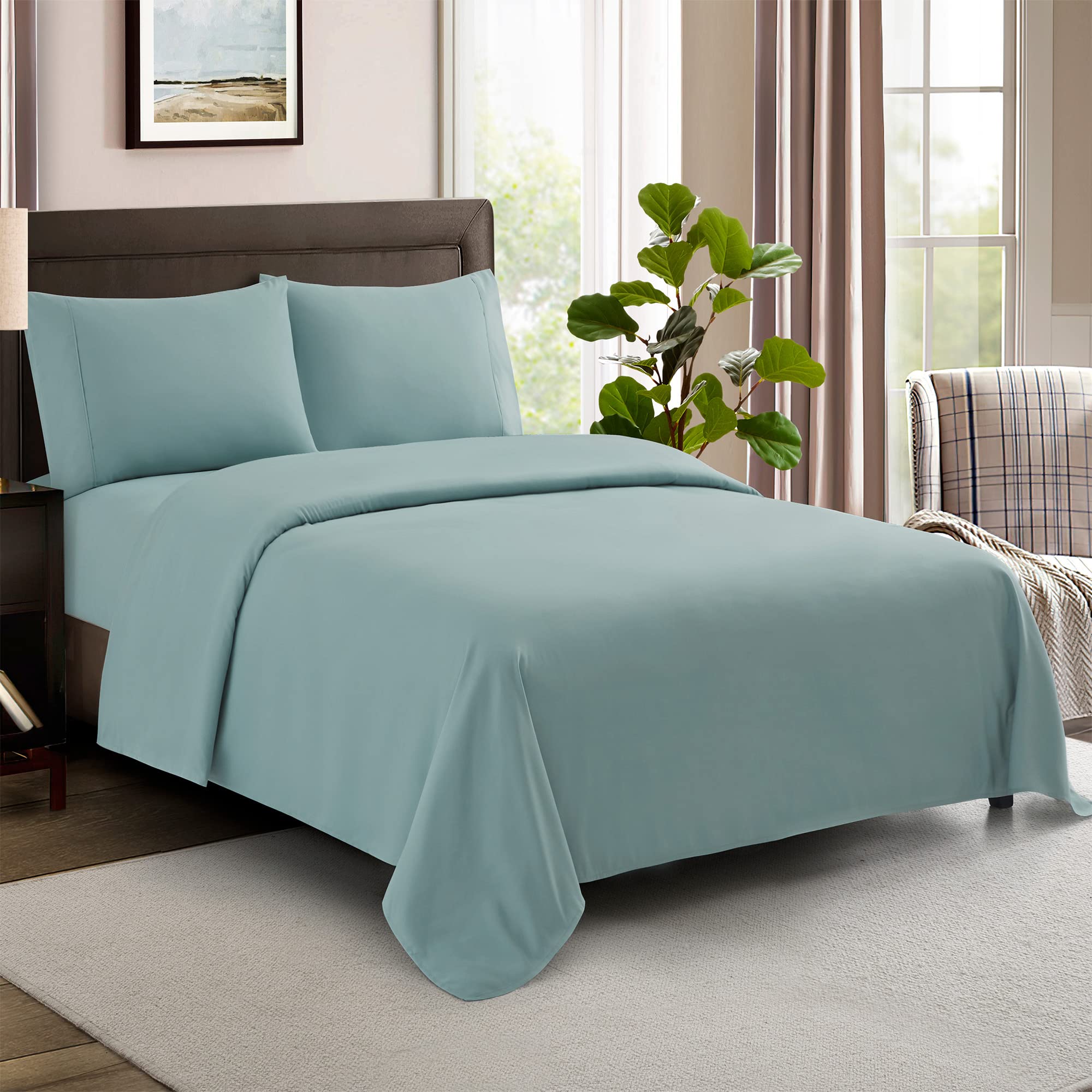 Egyptian Cotton King Size Sheet Set - 100% Cotton 600 Thread Count Soft & Breathable 4-Piece Bedding (Fitted Sheet, Flat Sheet, 2 Pillowcases) - Misty Blue - Perfect for Luxury Hotels, Master Bedrooms & Guest Rooms