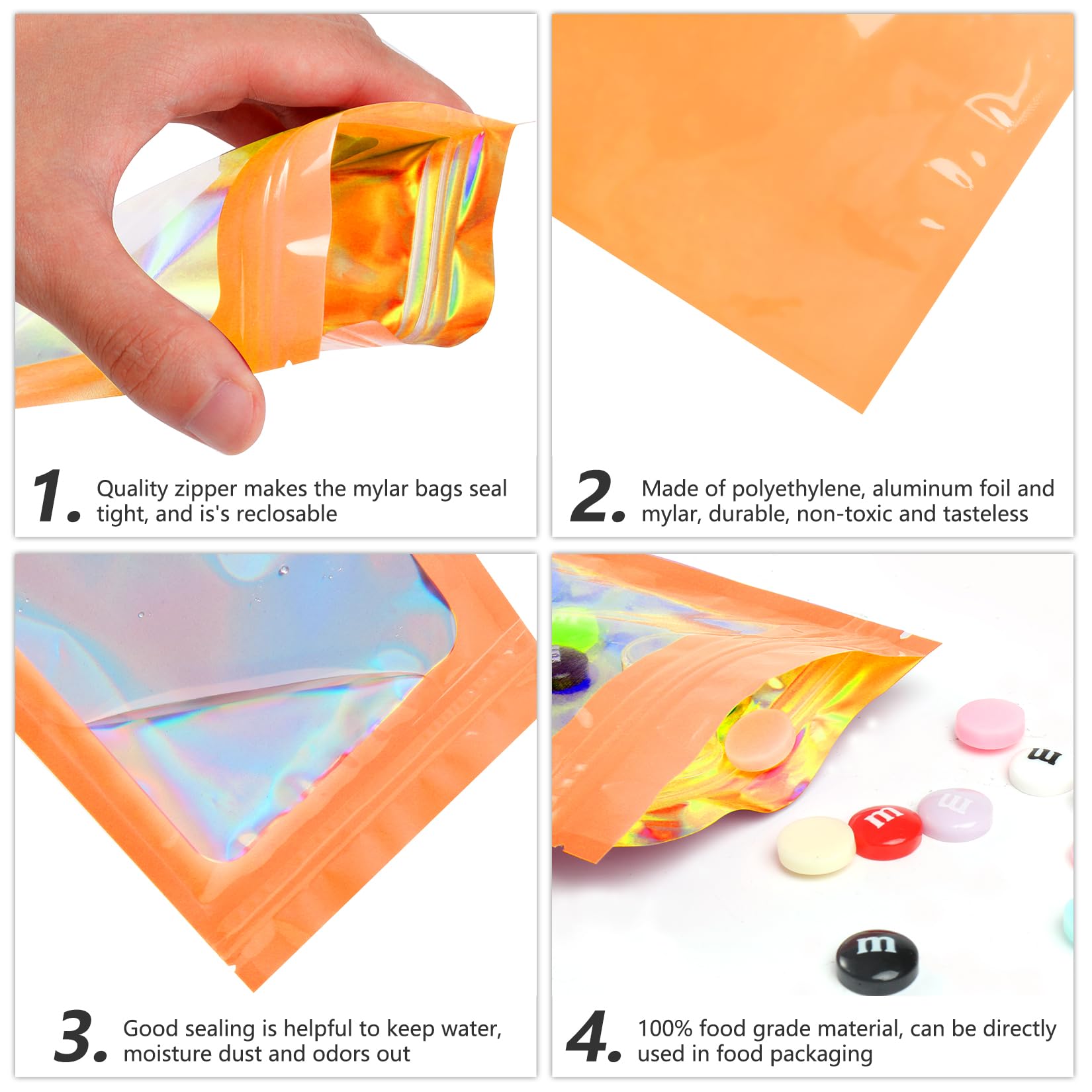 Funfery 100-Pack Orange Holographic Mylar Bags - Smell Proof & Resealable Food Storage Bags, Odor Proof Foil Pouch for Lip Gloss, Jewelry, Eyelash Packaging (2.4x3.9 Inch) - Perfect for Small Business & Home Organization