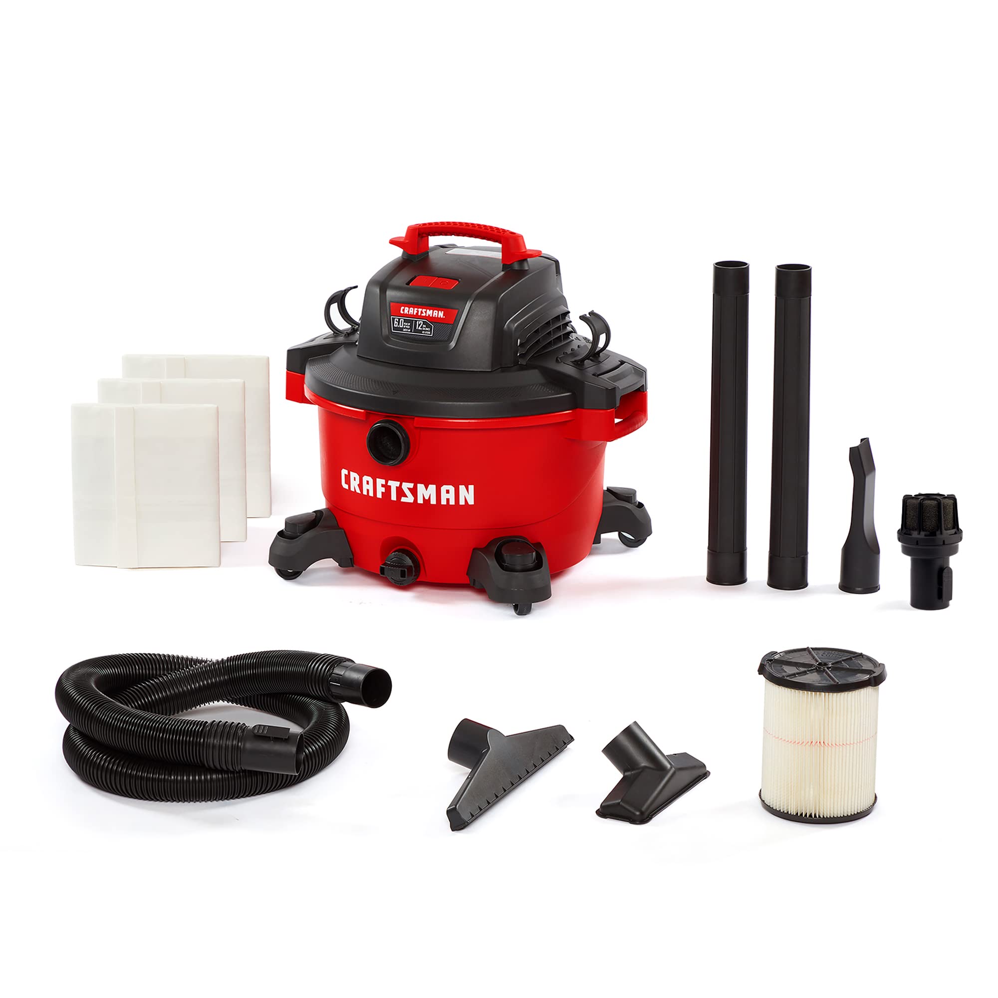 CRAFTSMAN CMXEVBE17594 12 Gallon 6.0 Peak HP Wet Dry Vacuum - Portable Shop Vac with Filter, 3 Dust Bags, Muffler, Hose & Attachments - Ideal for Home Renovations, Garage Cleaning & DIY Projects
