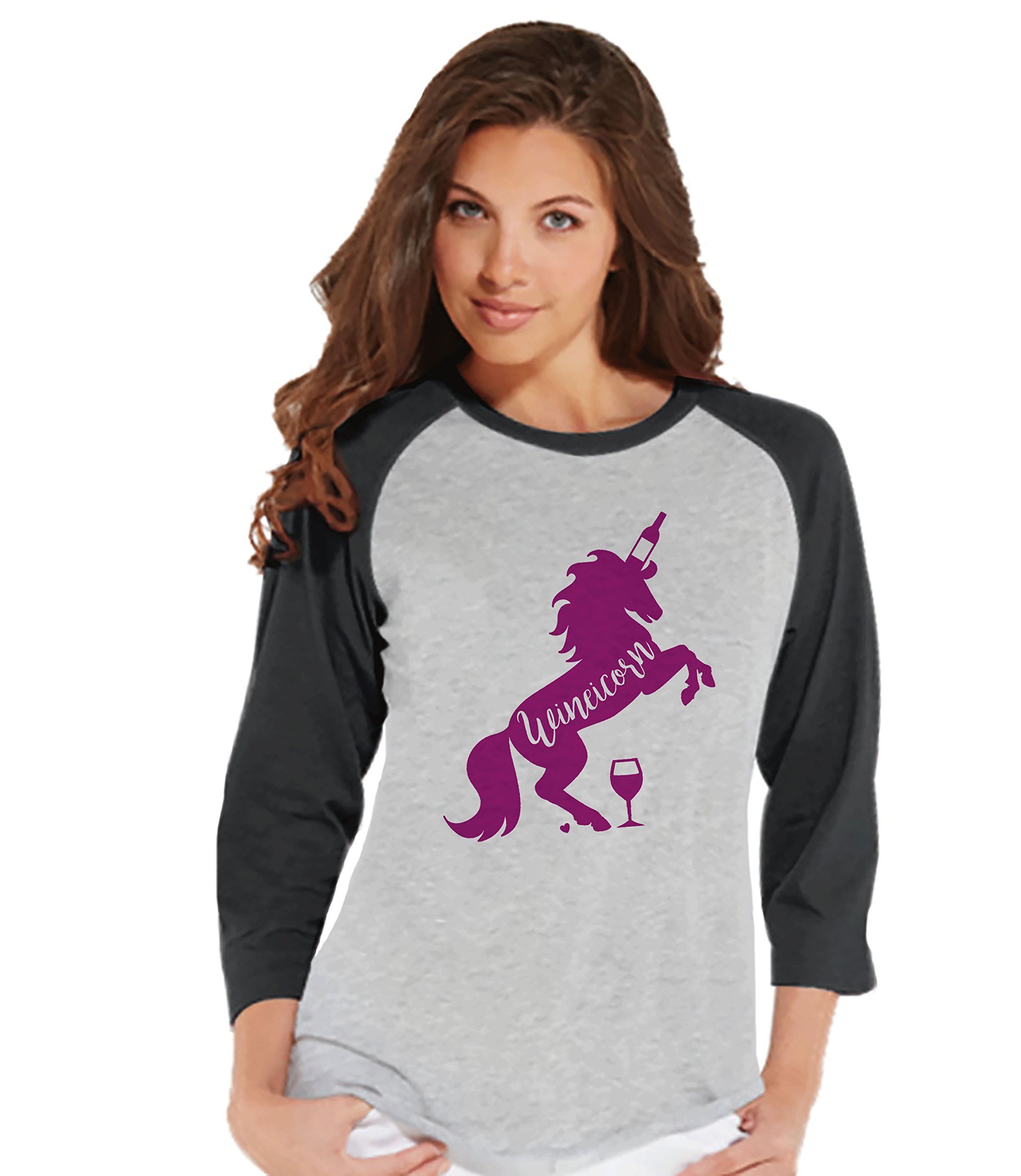 7 ate 9 Apparel Women's Wine Color Unicorn Graphic Raglan Tee - Perfect for Casual Wear, Parties & Gifts