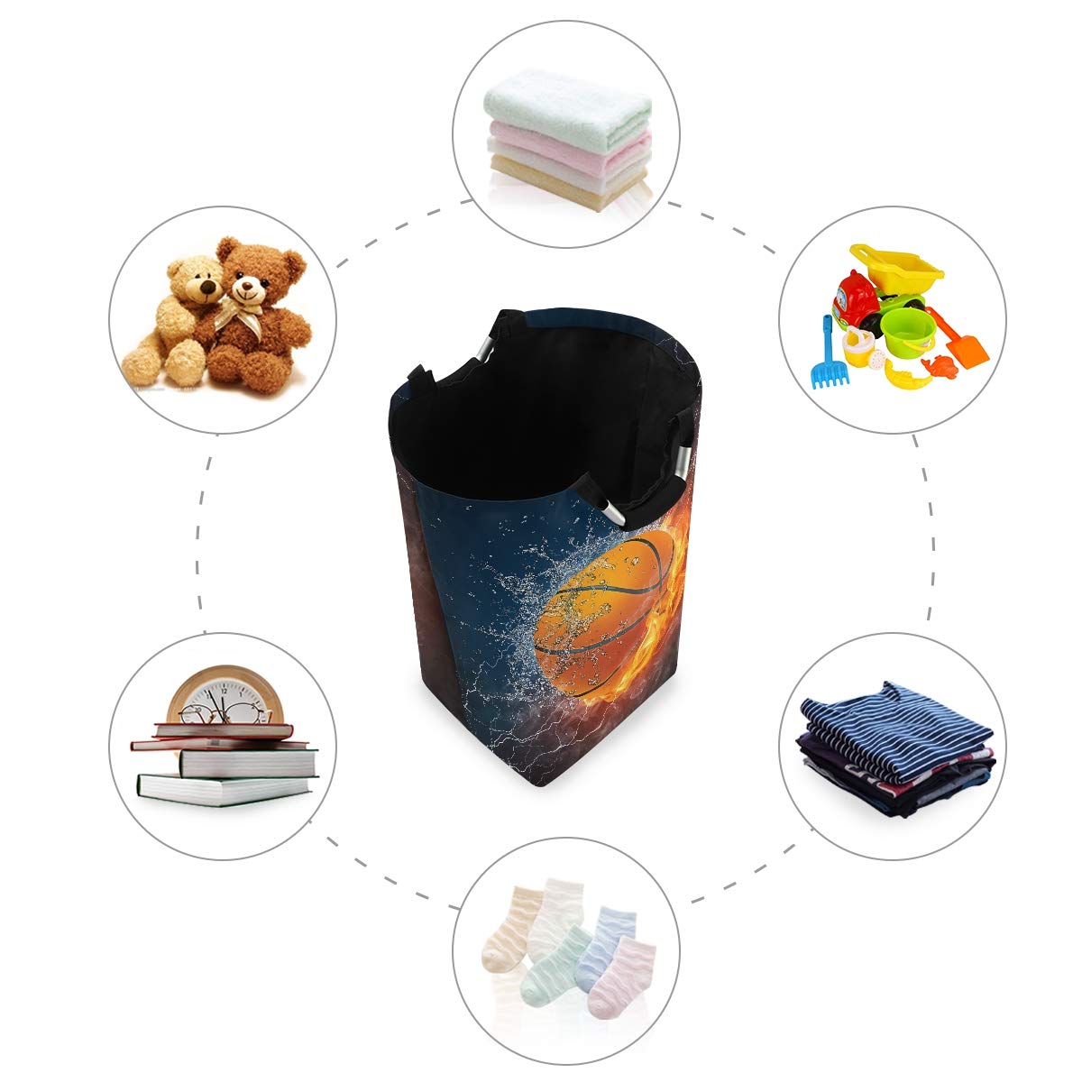 Blueangle 22.7’’ Basketball Design Waterproof Foldable Laundry Hamper - Durable Clothes & Toy Storage Organizer with Fire & Water Pattern - Perfect for Bedroom, Dorm, Kids Room & Sports Locker Organization