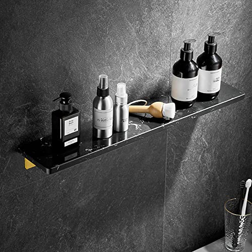 Wall Mounted No Drill Shower Basket Organizer - Rustproof Adhesive Marble Bathroom Storage Rack (40cm, Black) for Shampoo, Soap & Bath Essentials