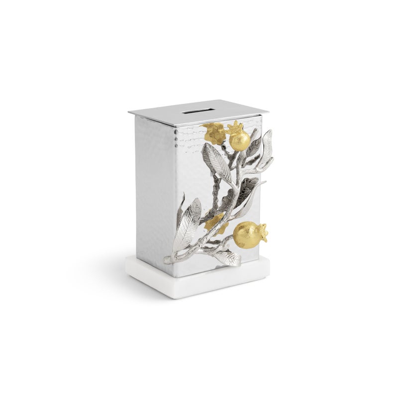 Pomegranate Silver & Gold Tzedakah Box - Elegant Jewish Charity Donation Box for Home, Synagogue & Gift Giving | Traditional Judaica Collectible for Hanukkah, Passover & Special Occasions