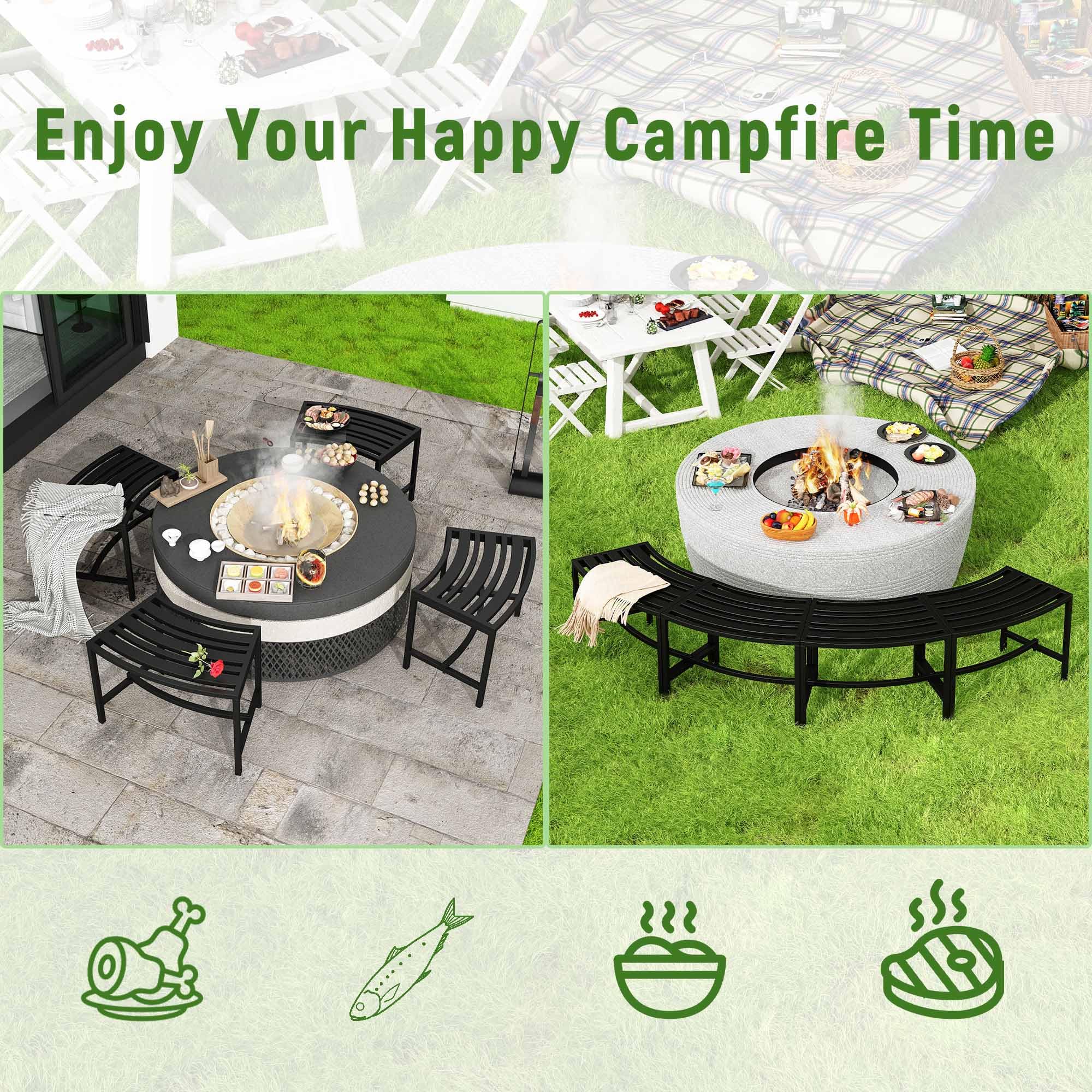 4-Piece Black Metal Curved Fire Pit Bench Set - Heavy Duty Steel Outdoor Seating for Garden, Patio, Porch & Backyard - Backless Design Doubles as Plant Stand - Perfect for Campfires, Outdoor Gatherings & Garden Decor