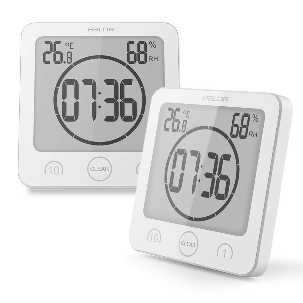 BALDR Digital Bathroom Clocks - 2 Pack Waterproof Shower Clock with Timer, Large LCD Display, Temperature & Humidity Sensor - White Wall Clock for Bathroom, Kitchen, Gym & Spa Use