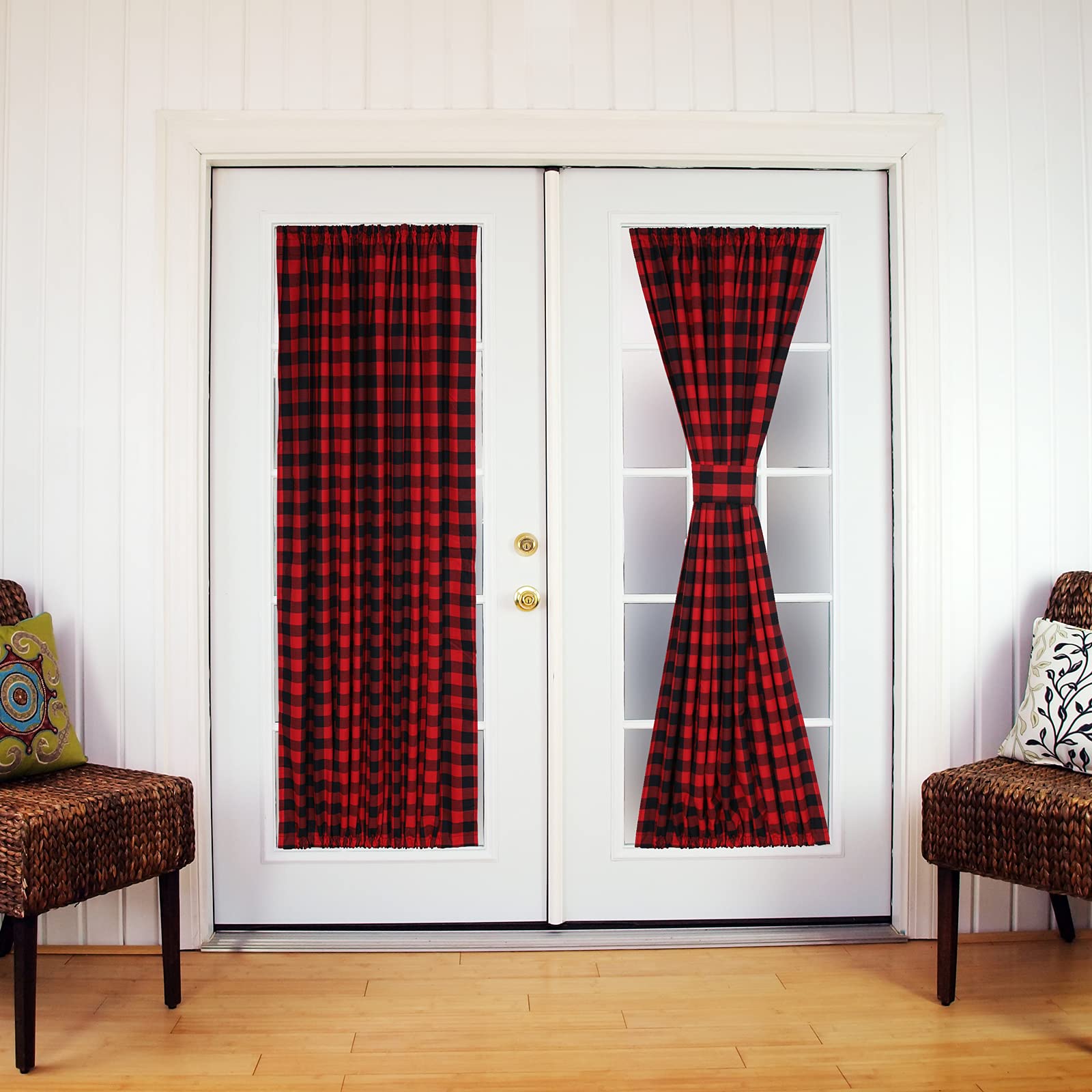 Buffalo Plaid French Door Curtains - 54x72 Inch Farmhouse Window Drapes with Rod Pocket & Tiebacks (Set of 2 Panels, Red/Black) - Perfect for Front Door, Living Room & Rustic Home Decor