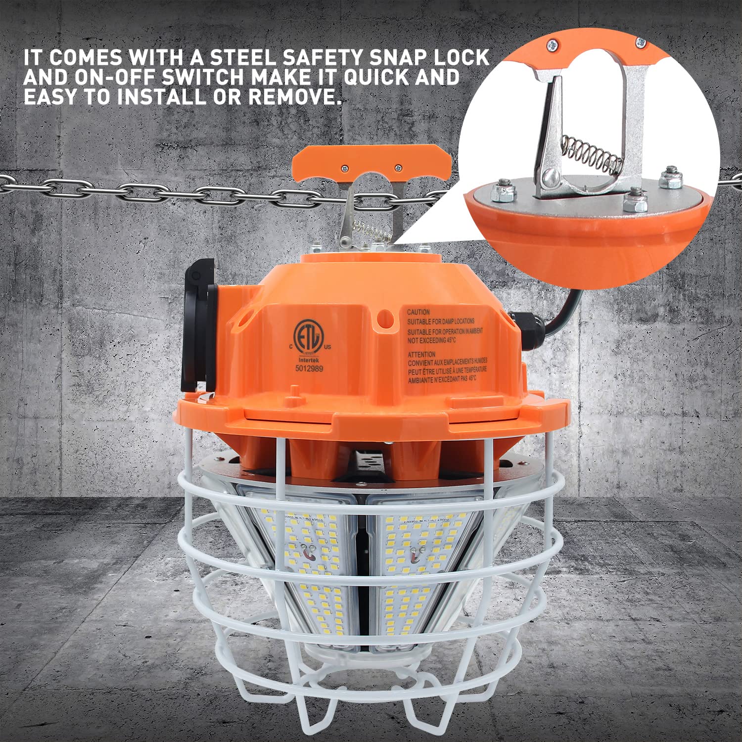 150W LED Temporary Work Light Fixture - 24,750LM Linkable Daylight White 5000K - Portable Hanging Jobsite Lighting with Stainless Steel Cover - Ideal for Outdoor Construction, High Bay Warehouse, and Workshop Lighting