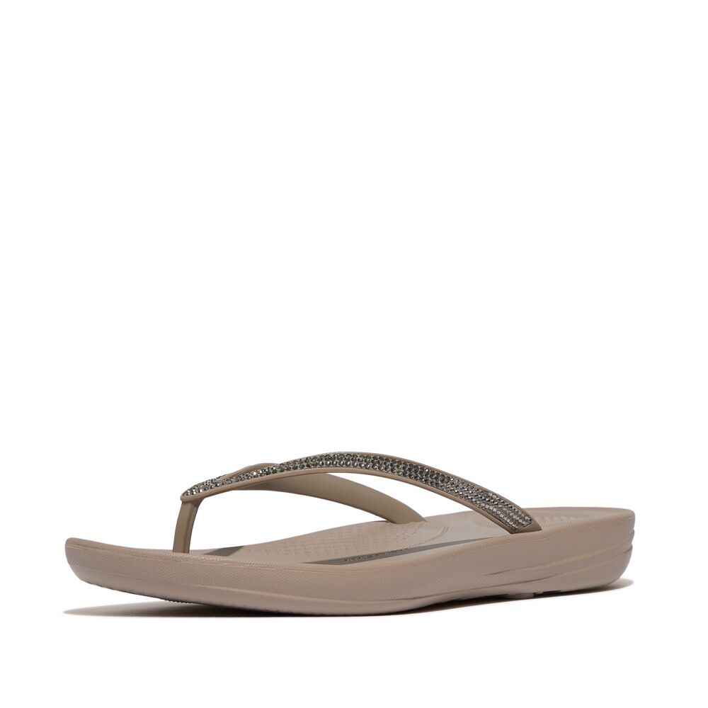 FitFlop Iqushion Sparkle Ombre Flip Flops Sandals for Women - Comfortable Orthopedic Beach Shoes with Metallic Finish in Taupe/Pewter | Perfect for Summer, Poolside, and Vacation Wear
