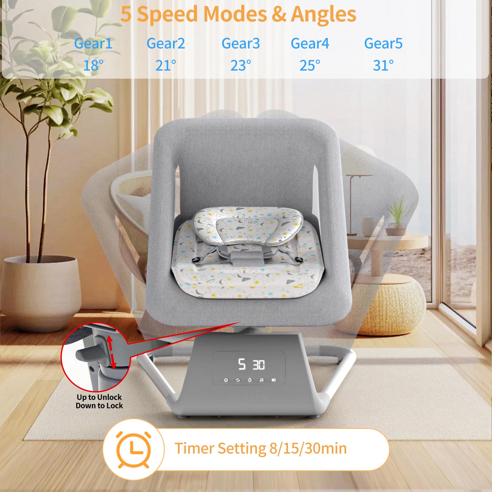 Baby Swing for Infants & Toddlers - Portable Indoor Rocker with Remote, 5 Speed Settings, Bluetooth & 11 Lullabies - Newborn Bouncer for Boys & Girls (Perfect for Nursery, Daycare & Travel)