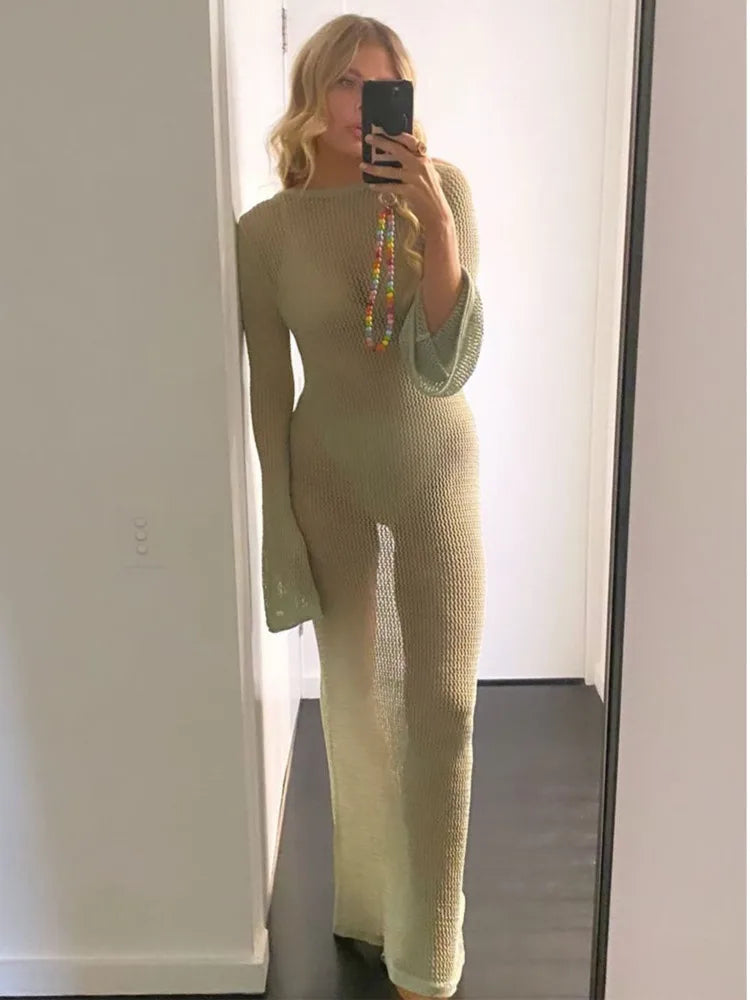 Sexy Backless Long Sleeve Hollow Out Beach Dress for Women - Slim Fit Transparent Summer Party Club Dress 2023 | Perfect for Beach Vacations, Night Out & Special Occasions