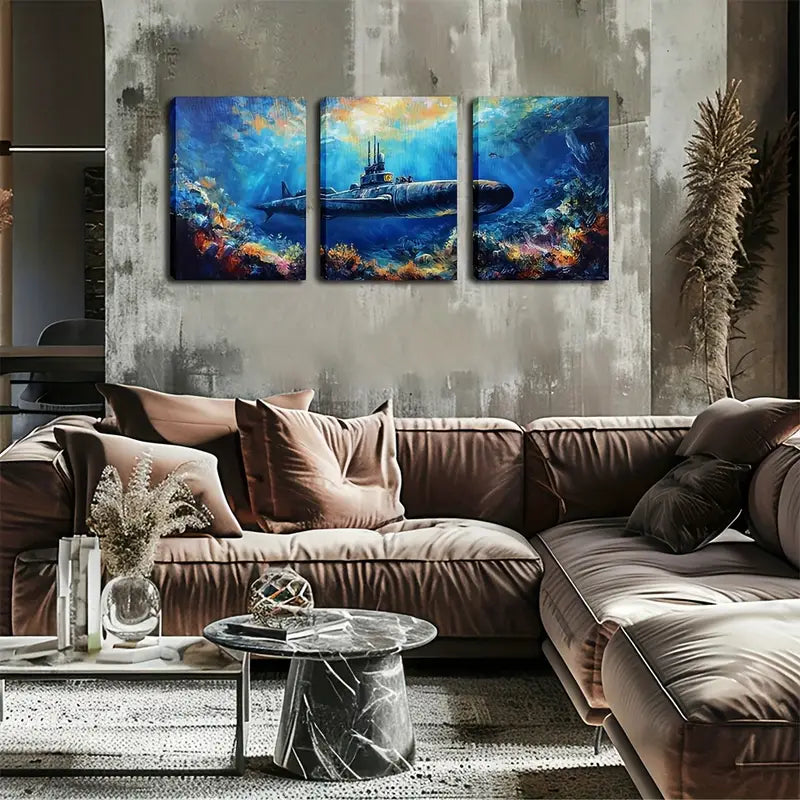 3-Piece Submarine in Deep Sea Wall Art Set - Framed Canvas 40x60cm - High Quality Print - 100% Australian Made - Ready to Hang - Perfect for Living Room, Bedroom & Office Decor