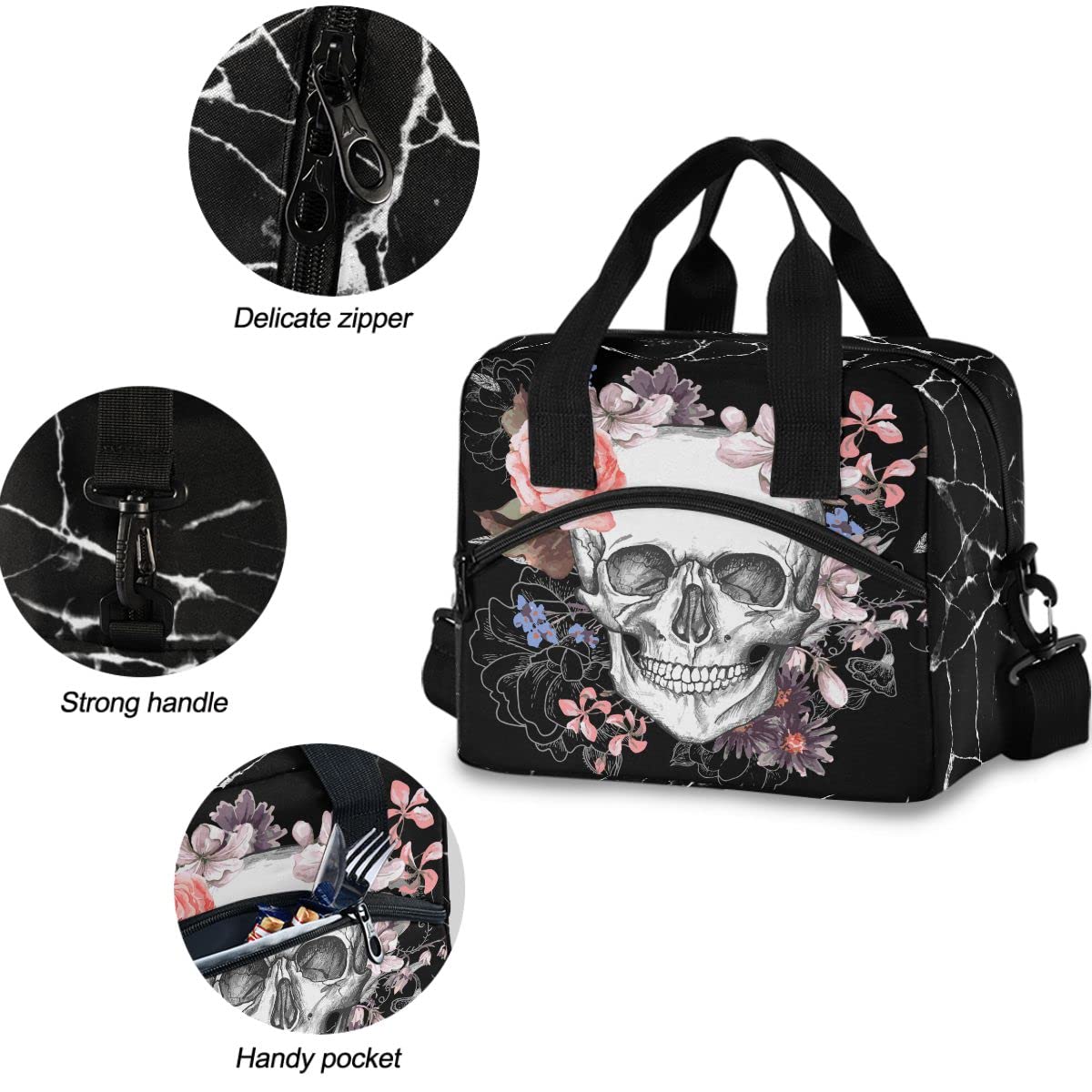 MNSRUU Insulated Lunch Bag with Skull & Floral Design - Reusable Leakproof Lunch Tote for Women & Men - Perfect for Work, School, Picnics & Outdoor Activities