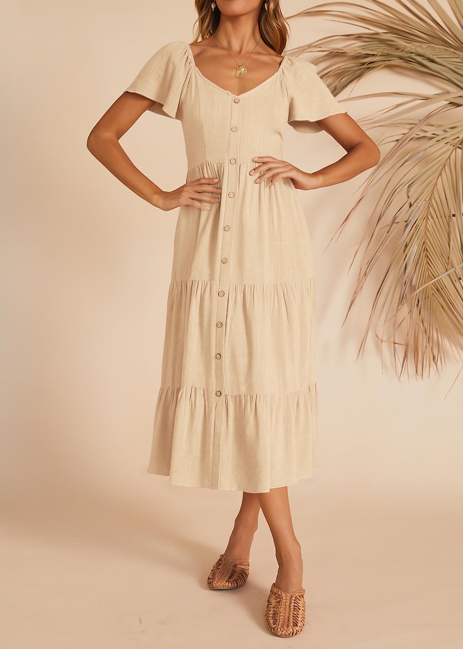 KIRUNDO Women's 2025 Spring Summer Casual Linen Short Sleeve Midi Dress - V Neck Button Down Tiered Sundress with Pockets for Beach Vacation & Summer Outings