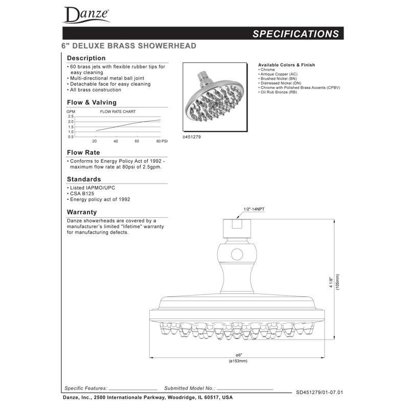 Danze Chrome Finish High Pressure 6-Spray Sunflower Showerhead - Luxury Rainfall Shower Head for Spa-Like Bathroom Experience, Perfect for Relaxation and Water Conservation