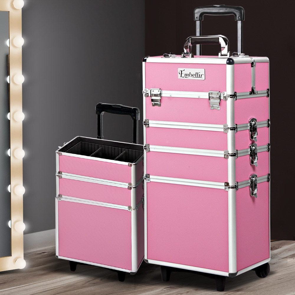 Embellir Professional Makeup Case with Wheels - Large Cosmetic Organizer & Beauty Trolley for Travel, Salon, and Home Storage - Pink Beauty Storage Box for Makeup Artists & Cosmetics Lovers