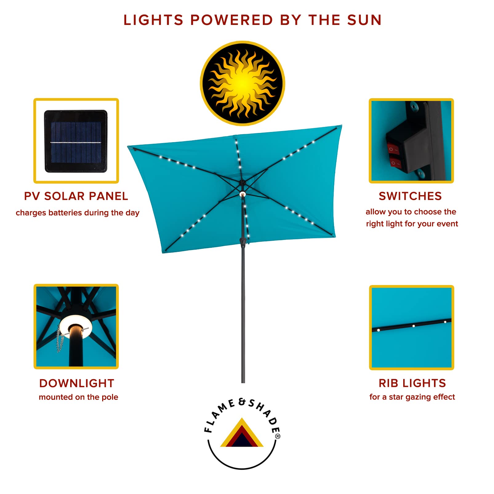 FLAME&SHADE 6.5 x 10 ft Solar Powered Outdoor Patio Umbrella with LED Lights and Tilt - Aqua Blue Rectangular Market Umbrella for Poolside, Backyard, Garden, and Commercial Use