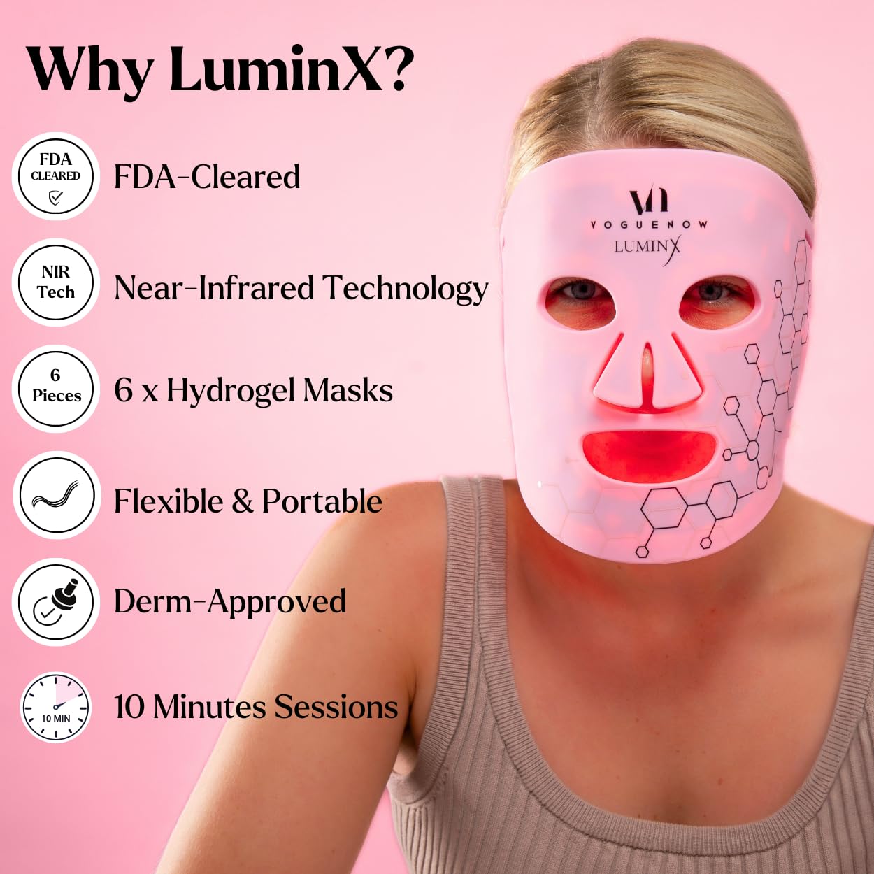 LuminX FDA Cleared LED Light Therapy Face Mask - 6 Pcs Hydrogel Sheet Mask Spa Kit with 4 Colors (Infrared & Red) - Anti-Aging Skin Care Treatment for Wrinkles & Acne - Perfect Christmas Gift Set for Women | Use at Home Spa, Facial Treatment, Self-Care Routine