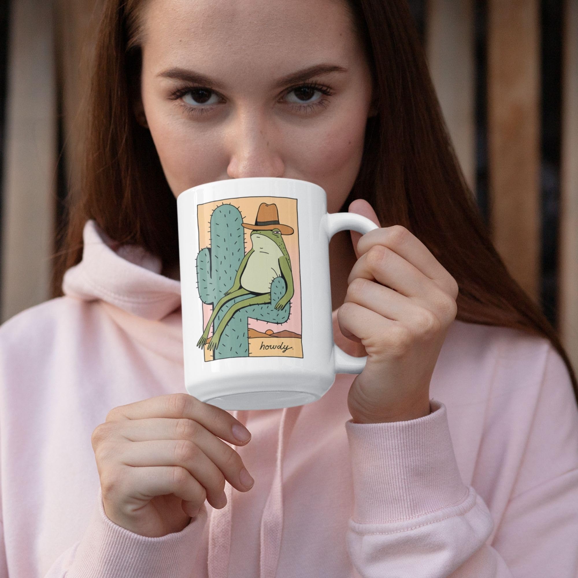 LookHUMAN 15oz Ceramic Western Coffee Mug - Funny Howdy Frog Cowboy Design, Double-Sided Print, Dishwasher Safe | Novelty Gift for Cowboy & Western Lovers | Perfect for Home, Office, or Ranch Use