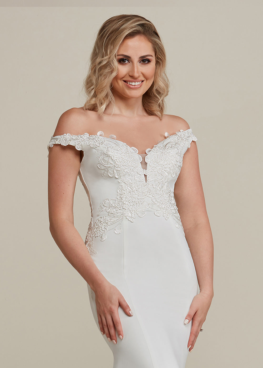 Sienna Off The Shoulder Lace Wedding Dress - Elegant Fit & Flare Gown with Plunging Neckline for Bridesmaids, Prom, Evening Gala & Special Occasions