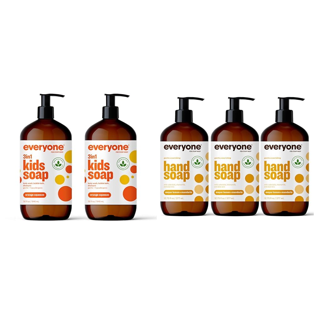3-in-1 Kids Soap, Body Wash & Shampoo with Bubble Bath - 32oz (Pack of 2) | Plant-Based Cleanser with Pure Essential Oils | Liquid Hand Soap 12.75oz (Pack of 3) in Meyer Lemon & Mandarin Scents | Gentle for Baby Bath Time, Family Shower & Daily Handwashing