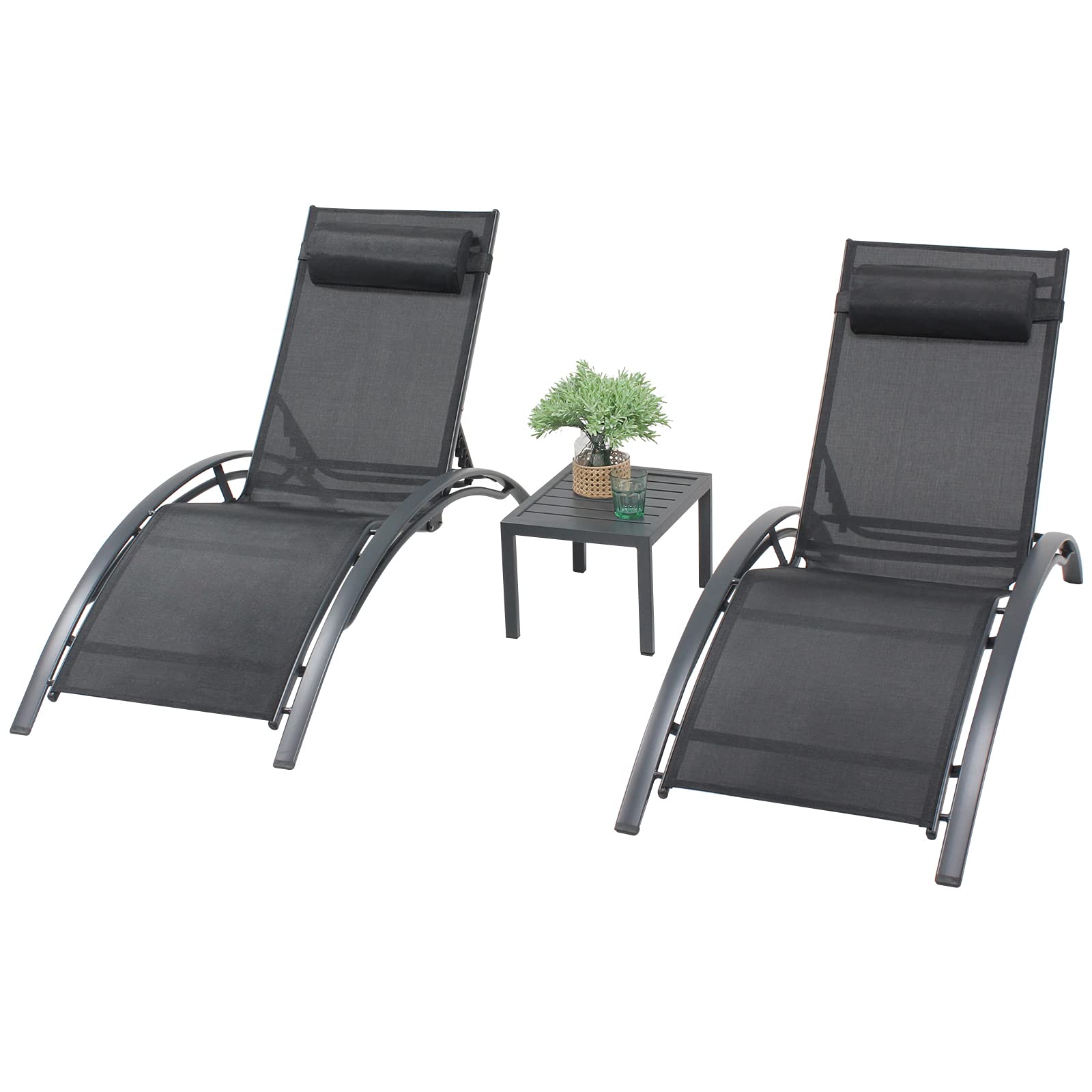 3-Piece Patio Chaise Lounge Chair Set - Aluminum Outdoor Reclining Sun Lounger with Adjustable Headrest & Side Table - Perfect for Poolside, Beach, Garden, Lawn & Backyard Relaxation (Black)