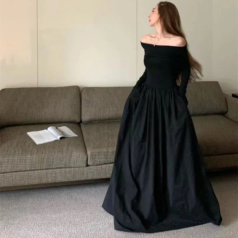 Elegant Black Slash Neck Long Dress for Women - Y2K Korean Style Off Shoulder Long Sleeve Party Dress | Perfect for Spring Fashion, Night Out, and Special Occasions