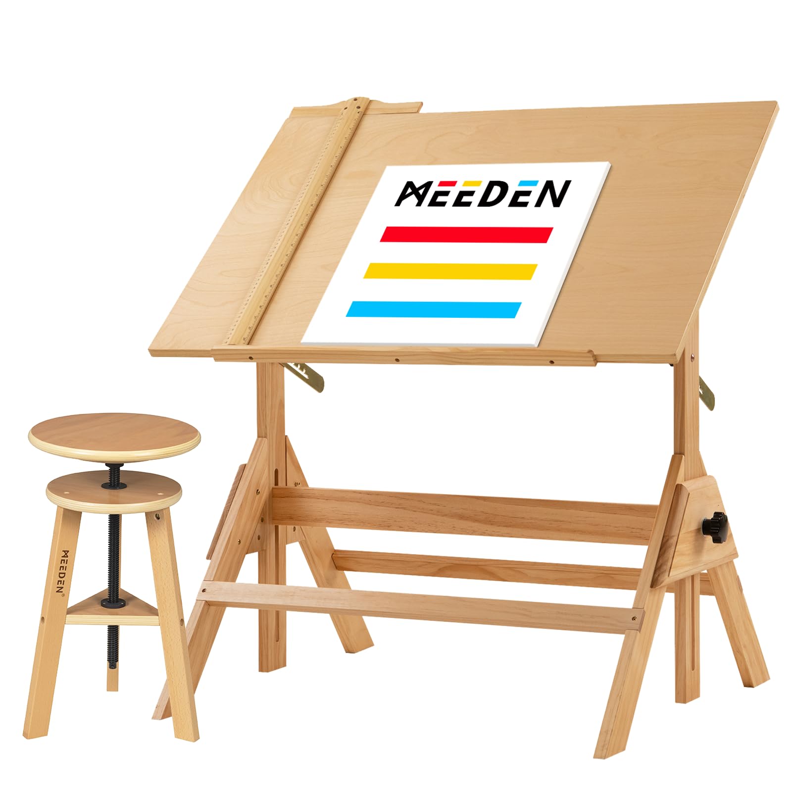 MEEDEN Adjustable Height Wood Drafting Table & Stool Set - Tiltable Artist Desk for Drawing, Painting, Graphic Design, Home Office, Study & Craft Work - Perfect for Artists, Designers & Students