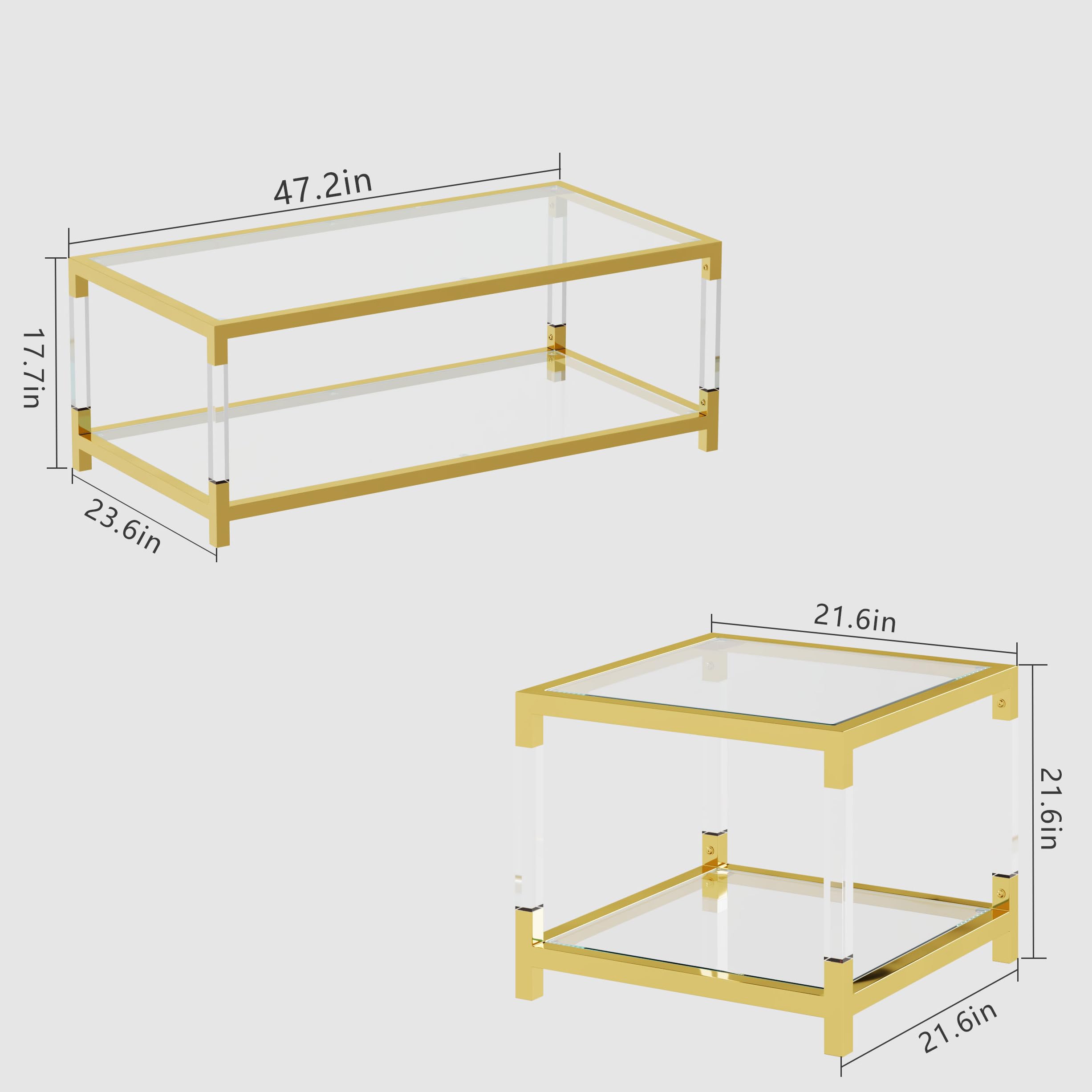 Premium 2-Piece Glass Coffee Table Set - 2-Tier Modern Living Room End Tables with Gold Frame & Clear Acrylic Legs for Apartment, Office & Lounge Decor | Perfect for Entertaining Guests or Relaxing with Coffee