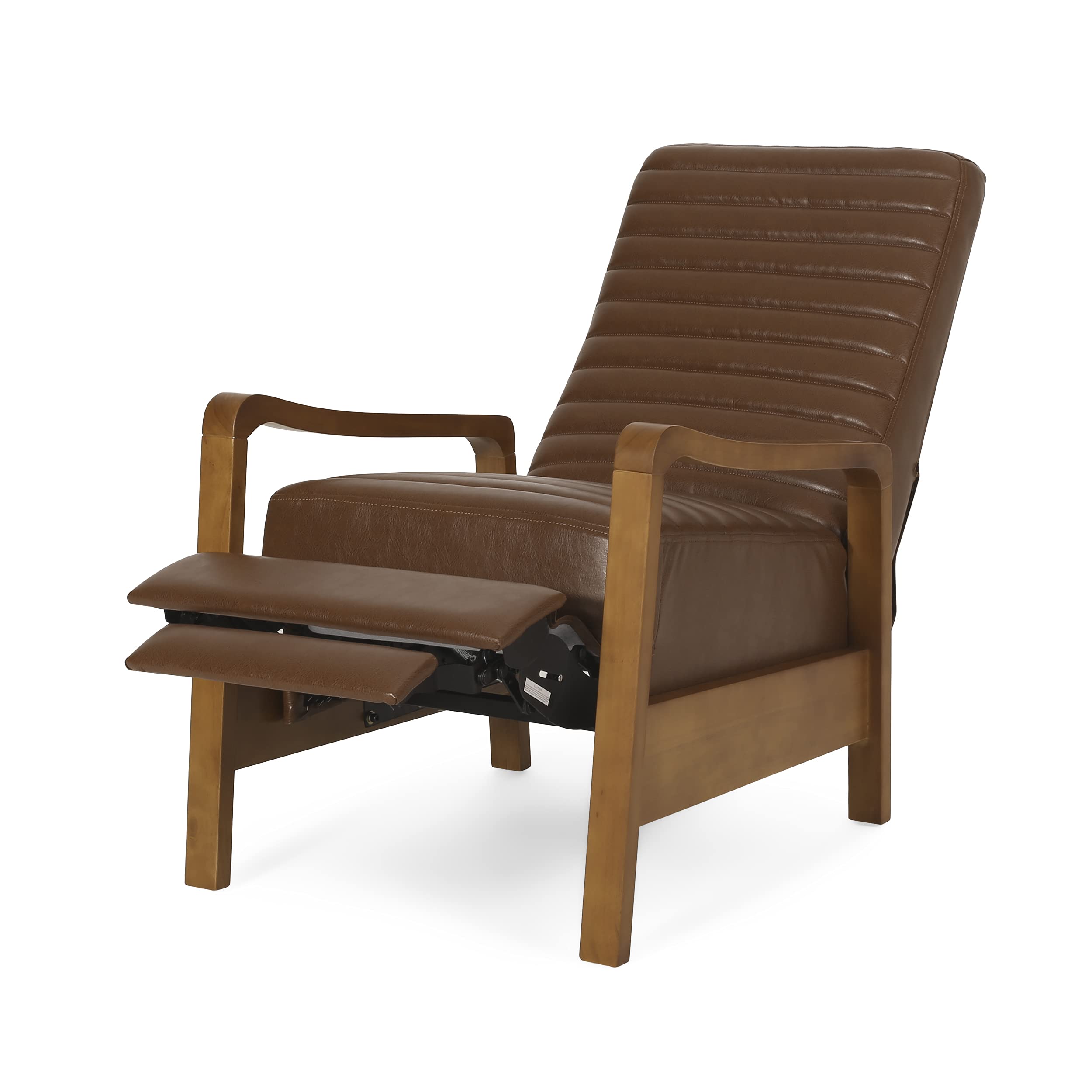 Christopher Knight Home Munro Channel Stitch Pushback Recliner - Cognac Brown/Teak Leather Reclining Chair for Living Room, Home Theater & Office Comfort