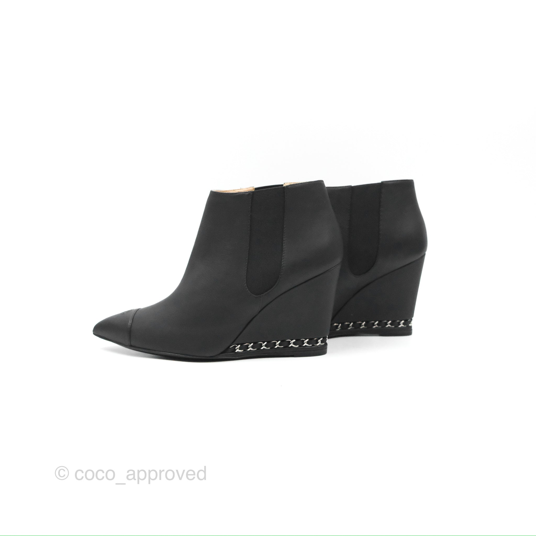 Chanel CC Pointy Toe Chain Wedge Ankle Boots Black Leather Women's Shoes - Perfect for Evening Parties, Date Nights & Fashion Events
