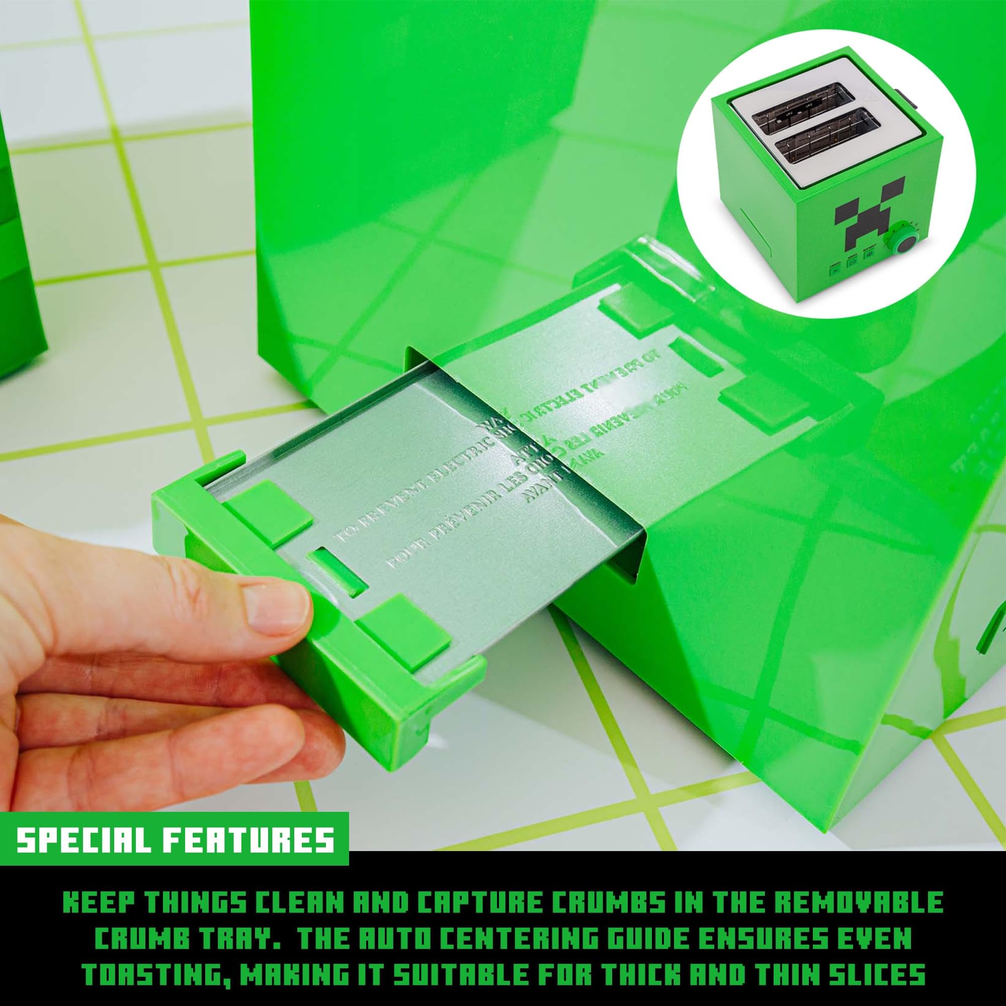 Minecraft Green Creeper 2-Slice Toaster for Bagels, Waffles & Bread - 6 Browning Settings with Defrost Function - Prints Creeper Face Design - Perfect for Gamers, Kids & Minecraft Fans Breakfast