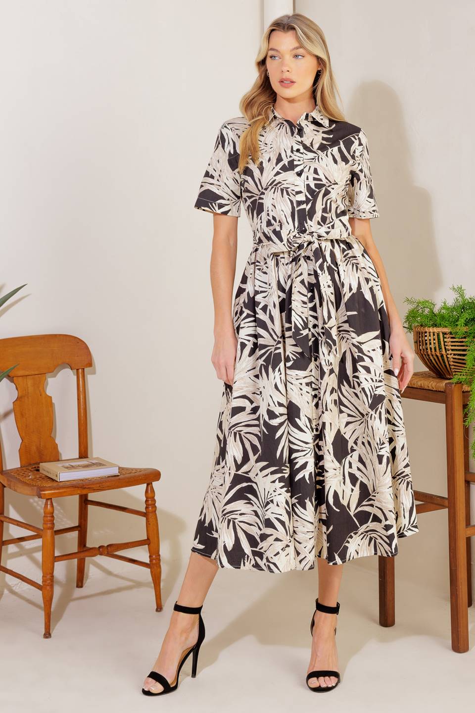 CARTER MIDI SHIRT DRESS - Black & Off White Leaf Print Floral Wrap Dress for Women | Casual Office Wear & Spring Summer Outfits