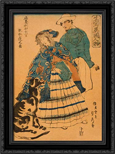 Utagawa Sadahide 28x40 Black Ornate Framed Canvas Art Print - American Lady Playing Accordion (Amerika Jokan Hansui o Gansuru no Zu) 1860 - Vintage Japanese Ukiyo-e Wall Decor for Living Room, Office & Art Collection