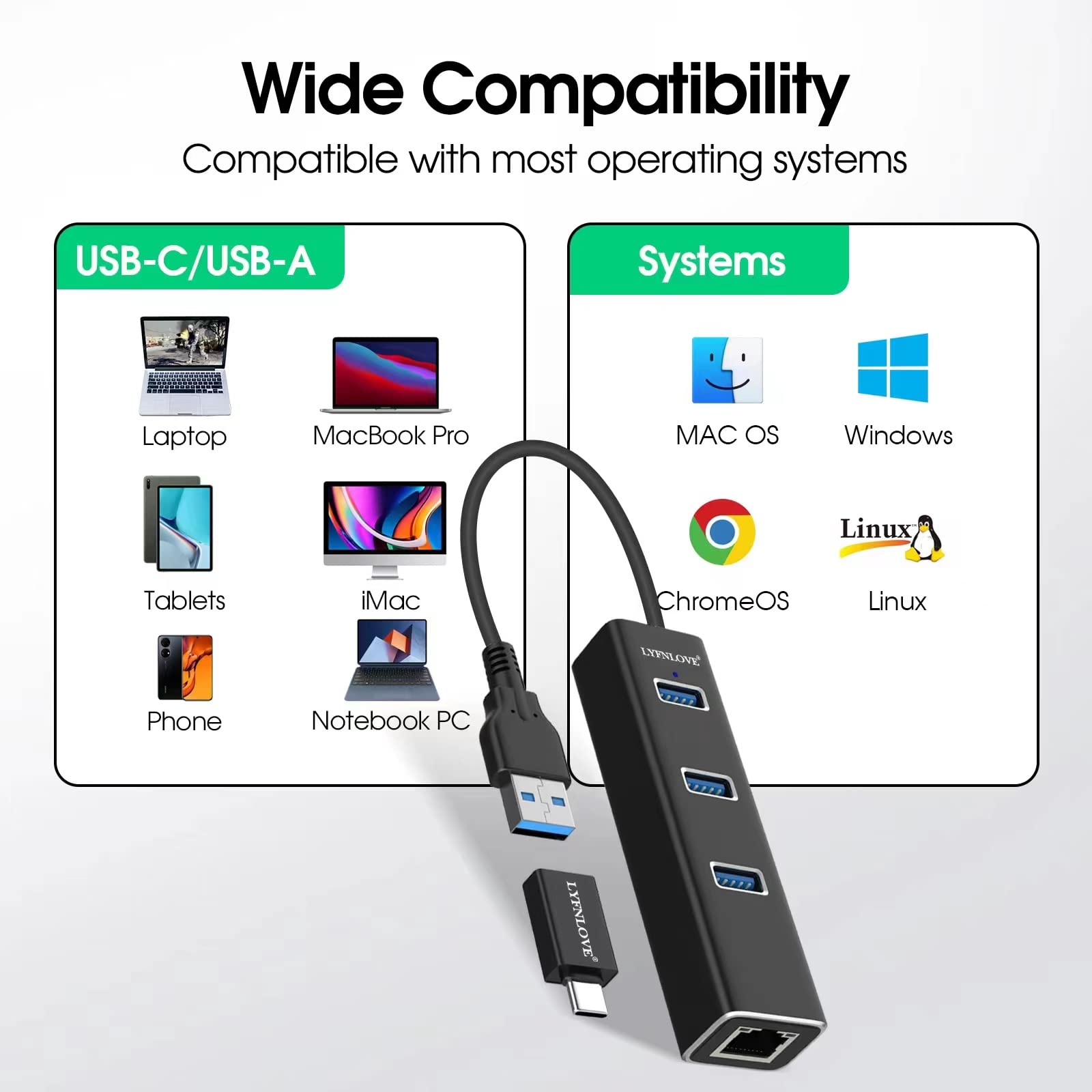 7-in-1 USB 3.0 Hub with Ethernet Port - High Speed USB Splitter & Extender for Laptop, MacBook Pro/Air, iMac - Aluminum Multi-Port Adapter for Home Office, Gaming & Travel Use