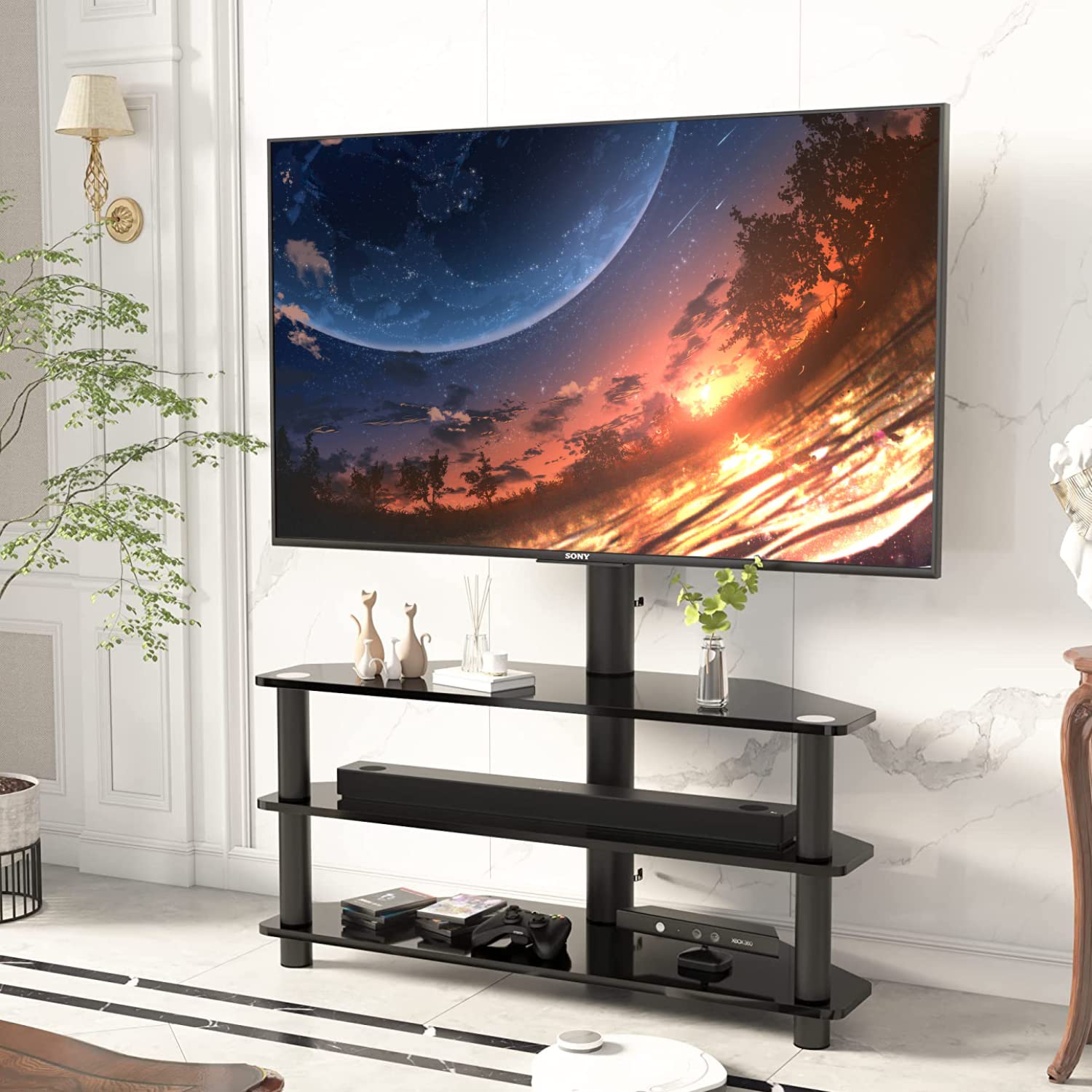 Swivel Corner Floor TV Stand with Mount for 32-65 Inch Flat & Curved Screens - Adjustable 3-Tier Tempered Glass TV Stand with Cable Management, Max VESA 600x400mm - Perfect for Living Room, Bedroom & Home Theater Setup