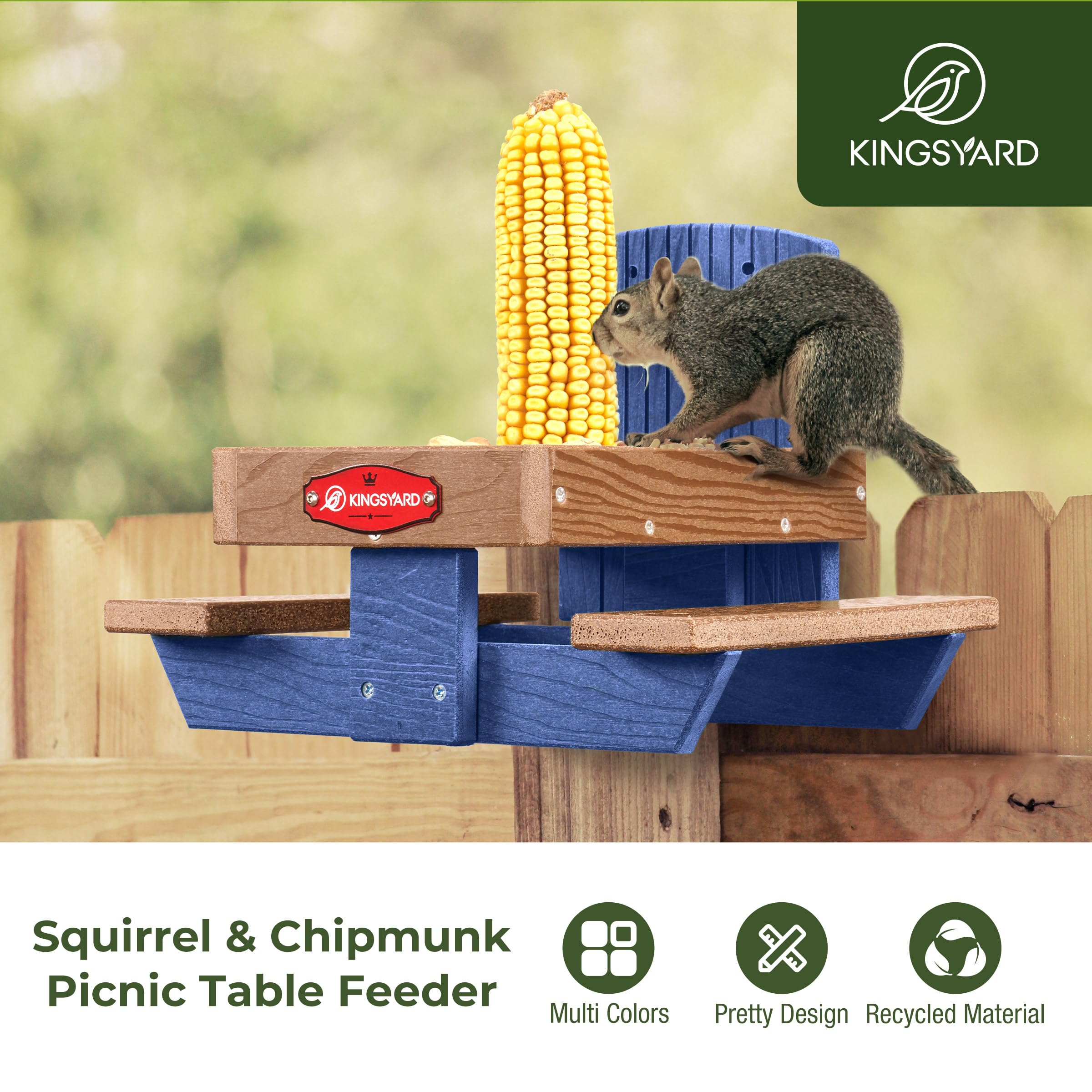 Kingsyard Outdoor Squirrel Feeder Table - Durable Recycled Plastic Chipmunk Picnic Feeder with Corn Cob Holder & 2 Sturdy Benches, Easy to Clean (Blue) - Perfect for Backyard Wildlife Watching & Garden Decoration