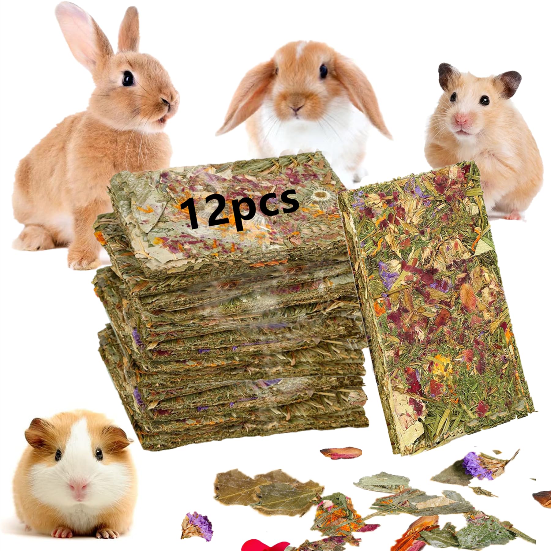 12pcs Rabbit Chew Toys for Small Pets - Bunny Guinea Pig Hamster Chinchilla Gerbil Treats with Timothy Hay & Herbal Flowers - Dental Care Snacks for Teeth Health - Perfect for Cage Enrichment & Playtime