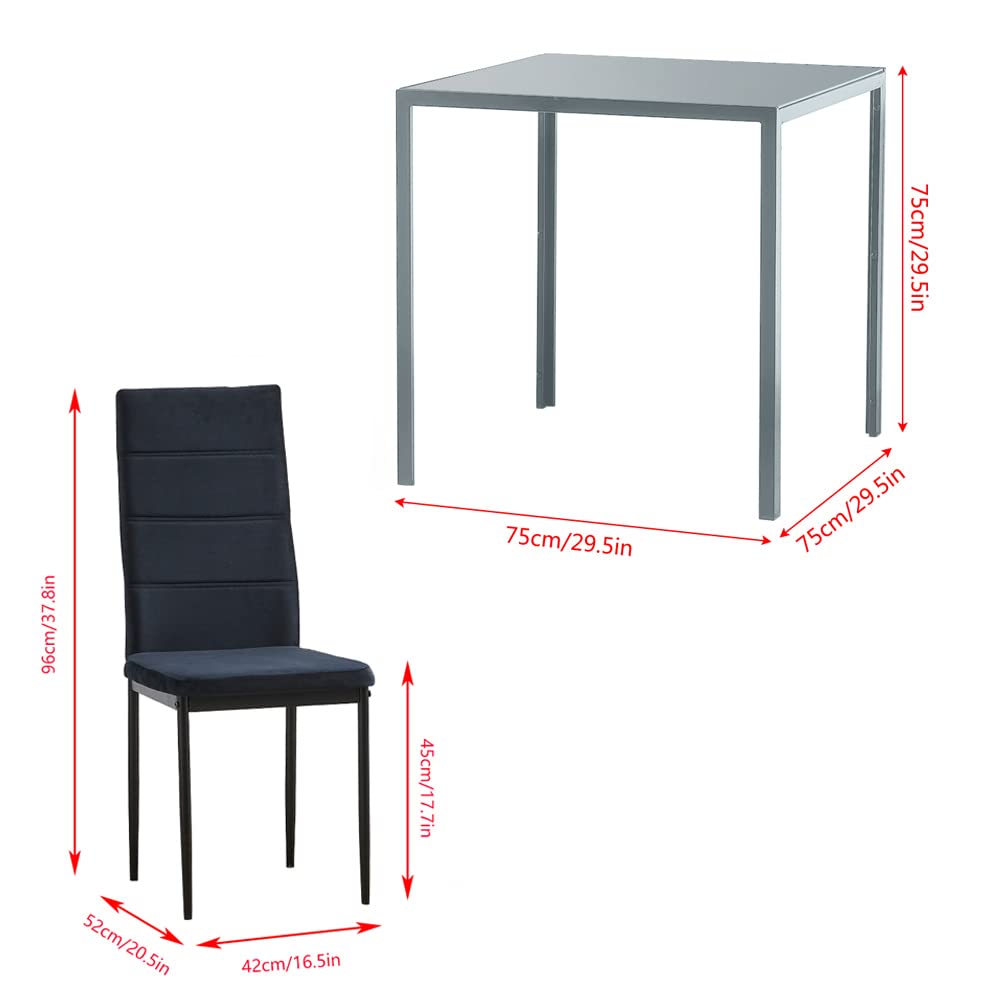 5-Piece Modern Square Grey Glass Dining Table Set with 4 Black Velvet Chairs - Kitchen & Dining Room Furniture for Small Spaces - Perfect for Apartments, Breakfast Nooks and Cozy Family Meals