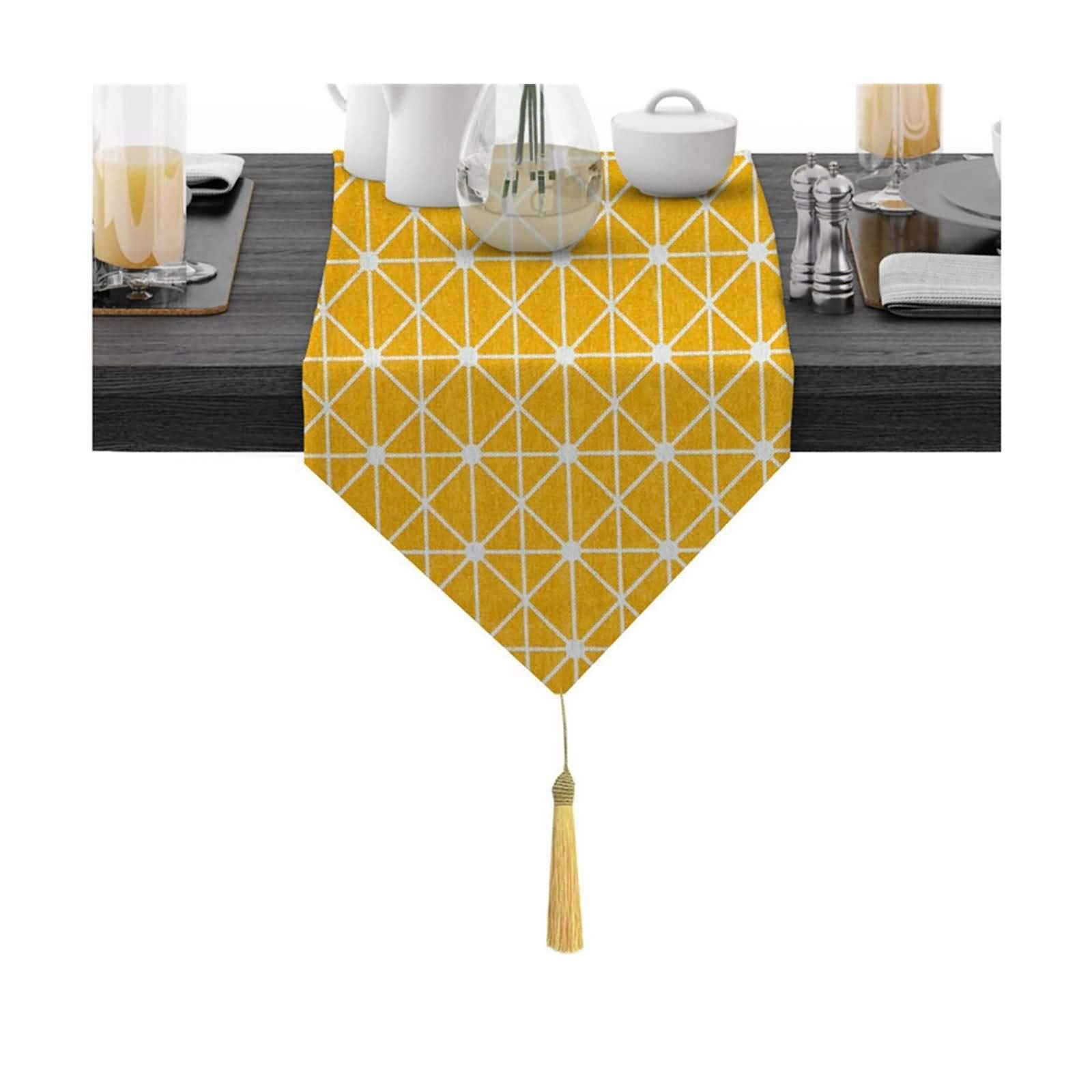 Yellow Cotton Table Runners with Geometric Pattern & Tassel Trim - 11.5