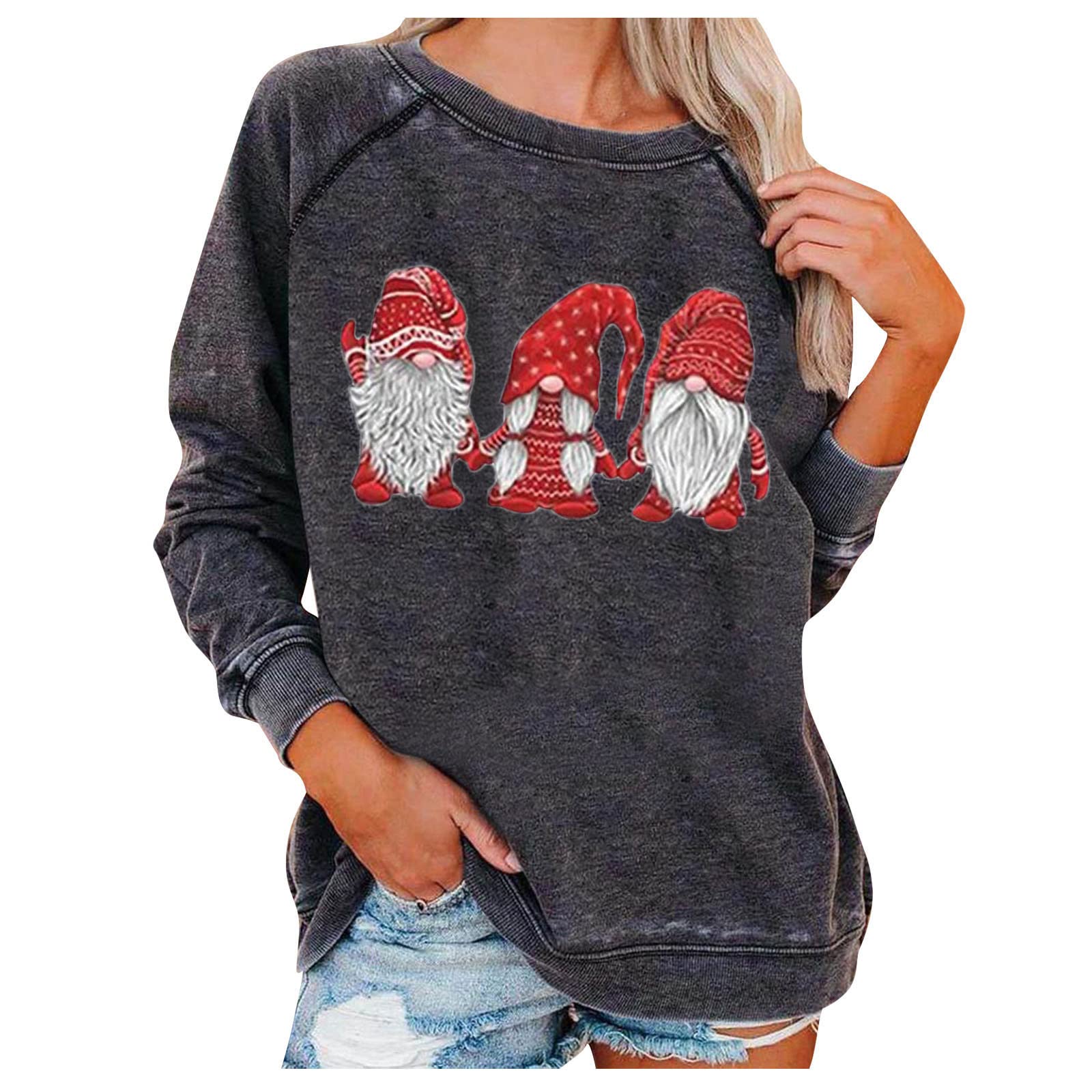 Christmas Graphic Tees for Women - Cozy Crew Neck Pullover Long Sleeve Shirts | Casual Loose Blouse for Holiday Parties & Winter Outfits