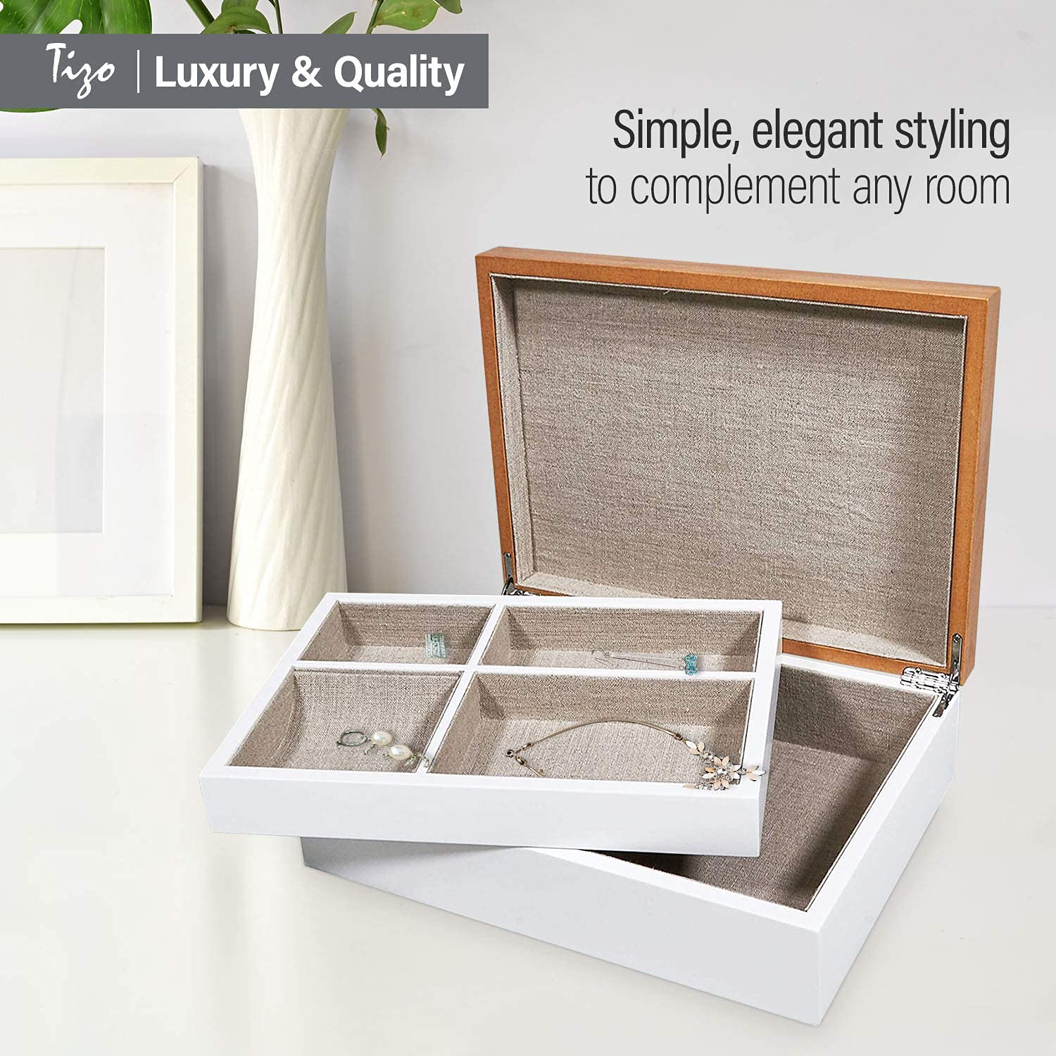 TIZO Design Contemporary Two-Tone Wood Jewelry Box with Removable Tray - Birchwood Top & White Bottom | Perfect for Organizing Rings, Necklaces & Earrings on Dresser or Vanity