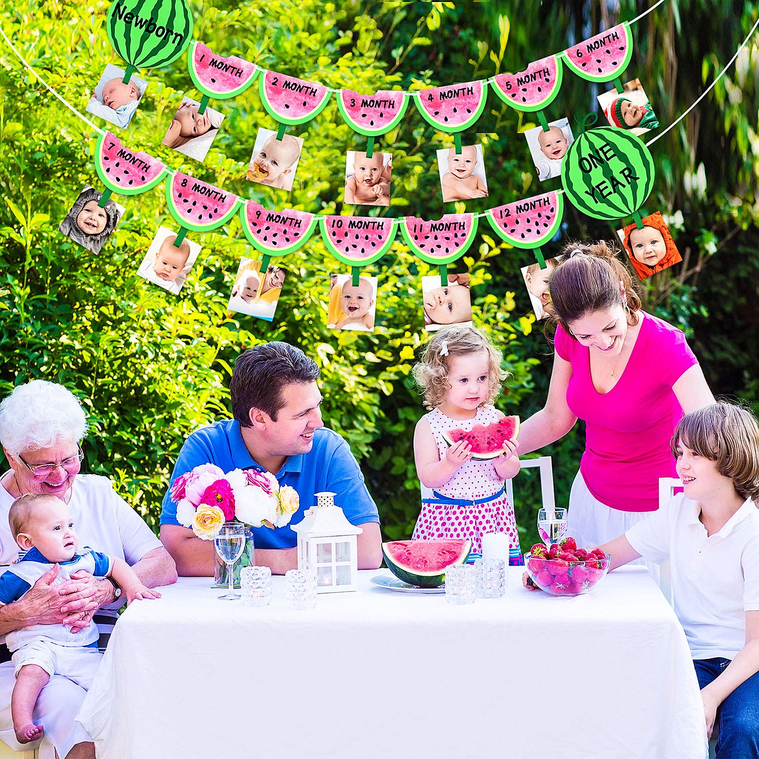 Watermelon Themed Birthday Photo Banner - Newborn to 12 Month Milestone Garland for Baby Showers & 1st Birthday Decorations | Perfect for Monthly Baby Photos, Nursery Wall Display, and Party Backdrops