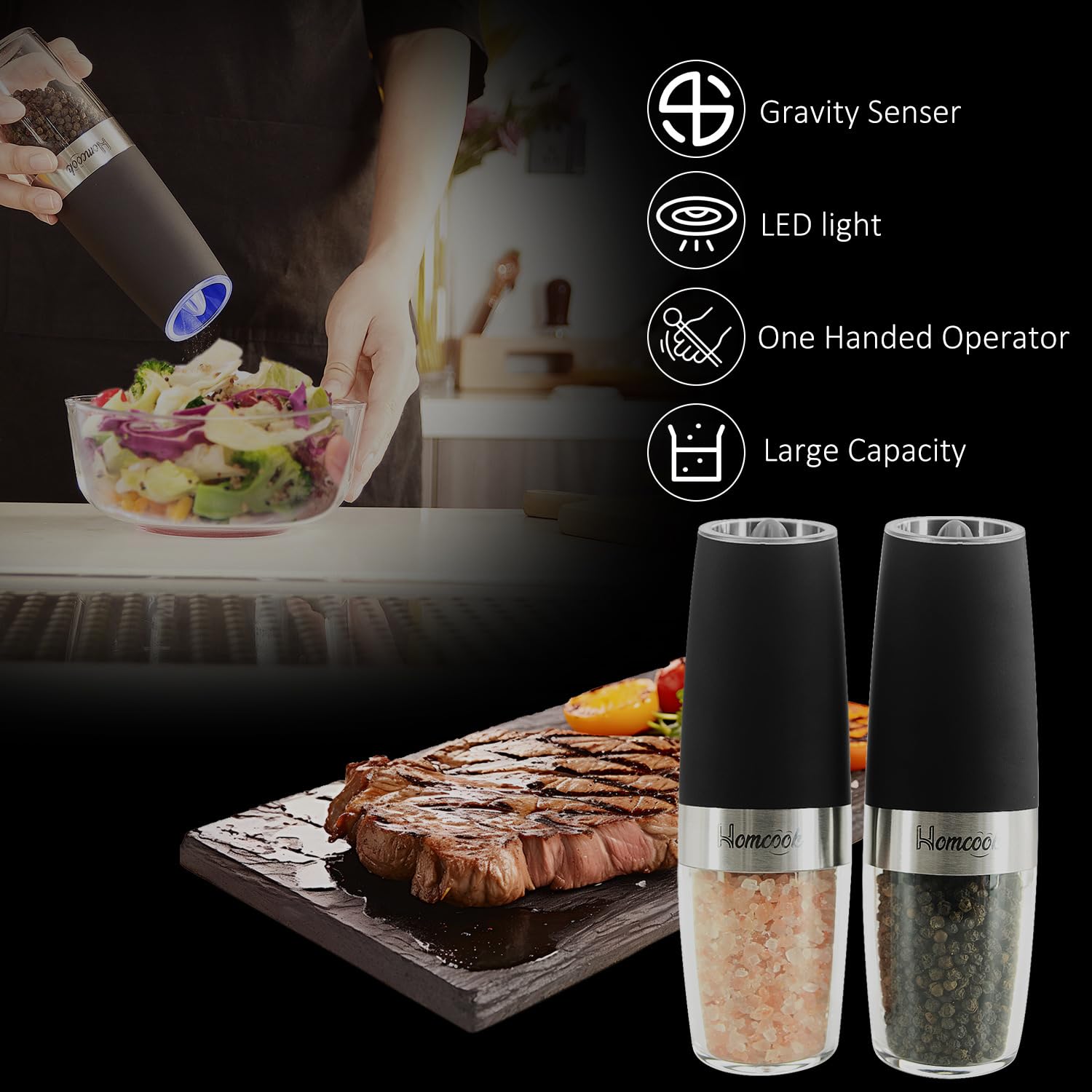 Premium Electric Salt and Pepper Grinder Set - Automatic Battery-Operated Mill with Adjustable Coarseness, LED Light & Transparent Container - Stainless Steel Black Shakers (2 Pack) - Perfect for Kitchen, Dining Table, BBQ, Camping & Gift Giving
